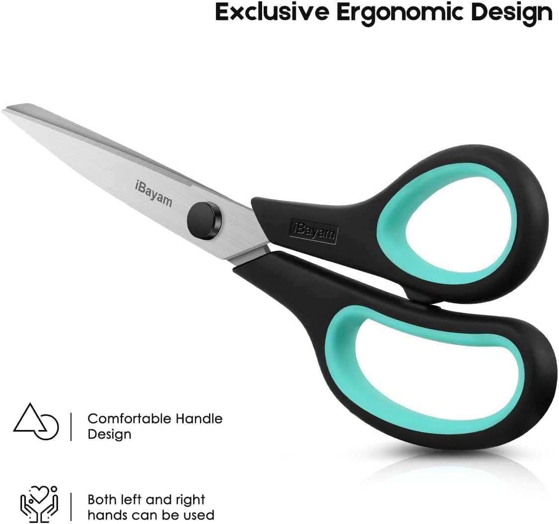 Scissors, iBayam 8" All Purpose Scissors Bulk 3-Pack, Ultra Sharp 2.5mm Thick Blade Shears Comfort-Grip Scissors for Office Desk Accessories Sewing Fabric Home Craft School Supplies, Right/Left Handed