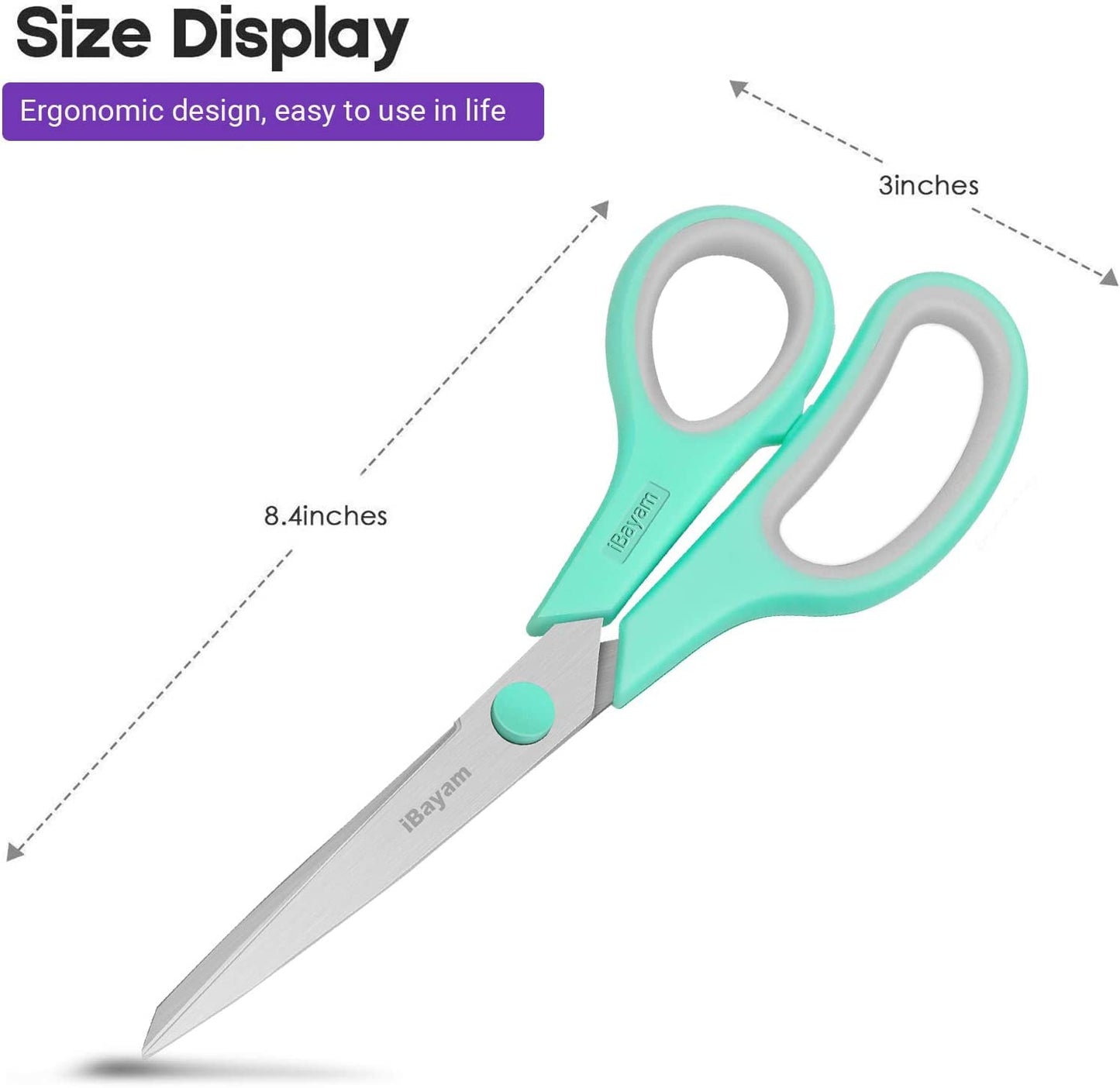 Scissors, iBayam 8" All Purpose Scissors Bulk 3-Pack, Ultra Sharp 2.5mm Thick Blade Shears Comfort-Grip Scissors for Office Desk Accessories Sewing Fabric Home Craft School Supplies, Right/Left Handed