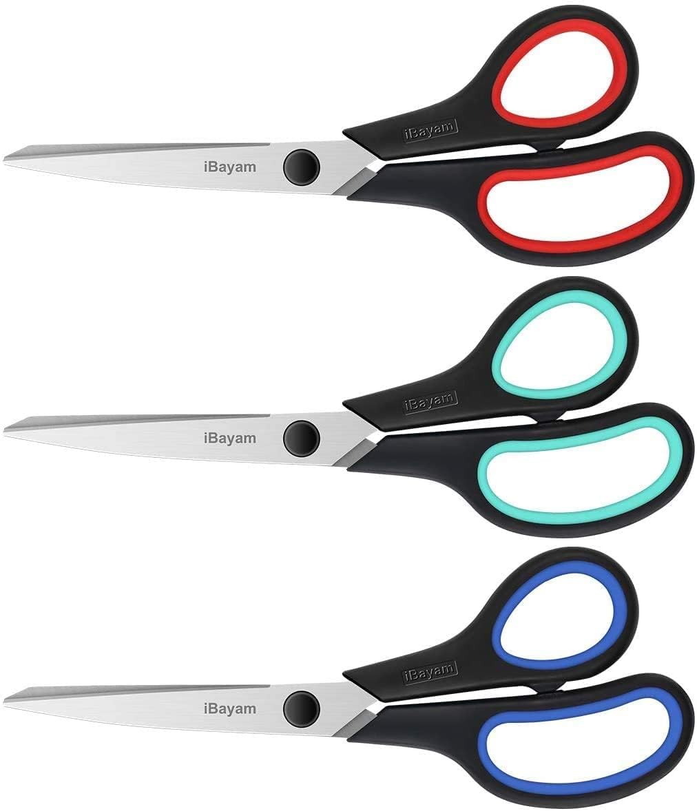 Scissors, iBayam 8" All Purpose Scissors Bulk 3-Pack, Ultra Sharp 2.5mm Thick Blade Shears Comfort-Grip Scissors for Office Desk Accessories Sewing Fabric Home Craft School Supplies, Right/Left Handed