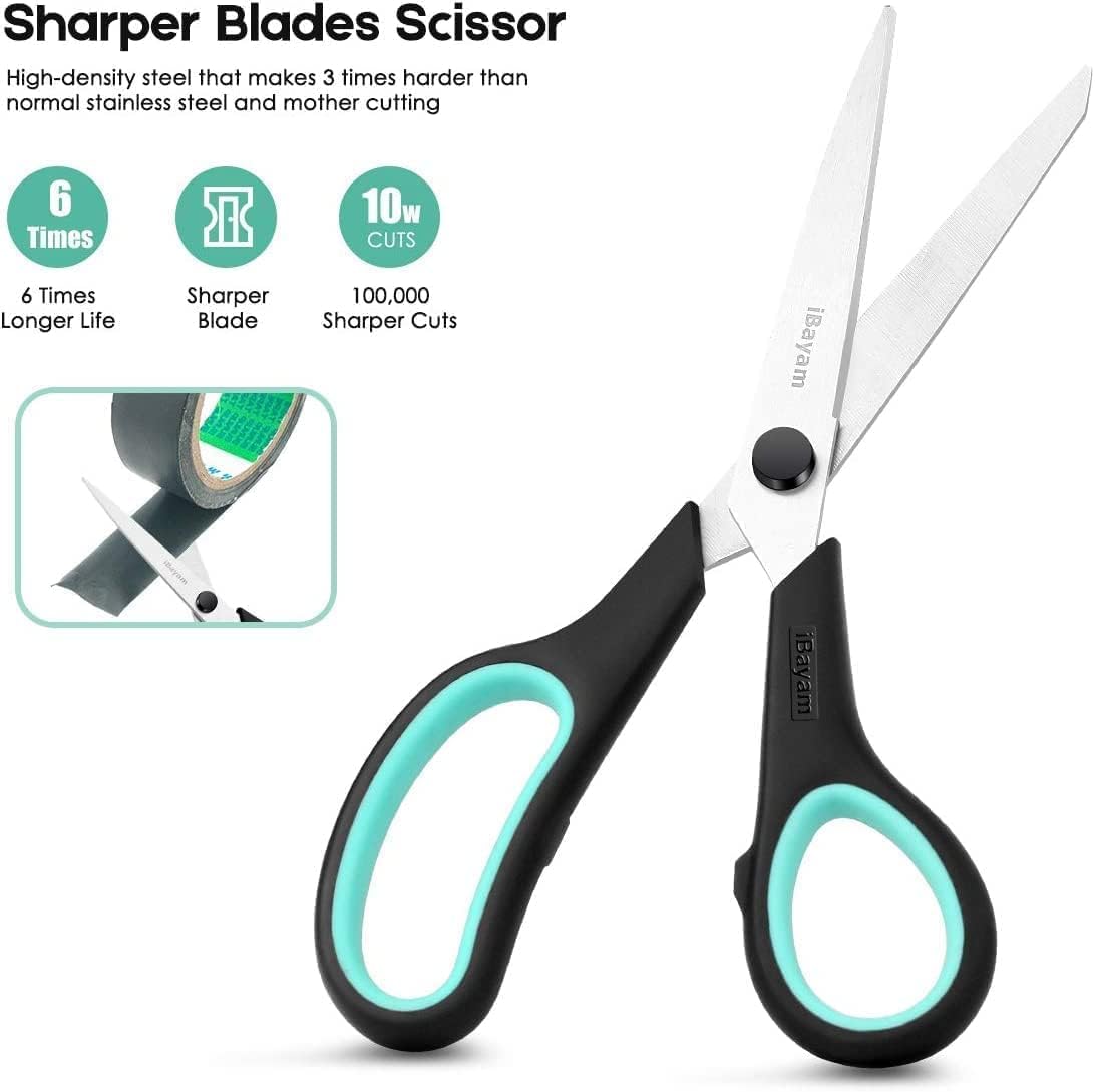 Scissors, iBayam 8" All Purpose Scissors Bulk 3-Pack, Ultra Sharp 2.5mm Thick Blade Shears Comfort-Grip Scissors for Office Desk Accessories Sewing Fabric Home Craft School Supplies, Right/Left Handed