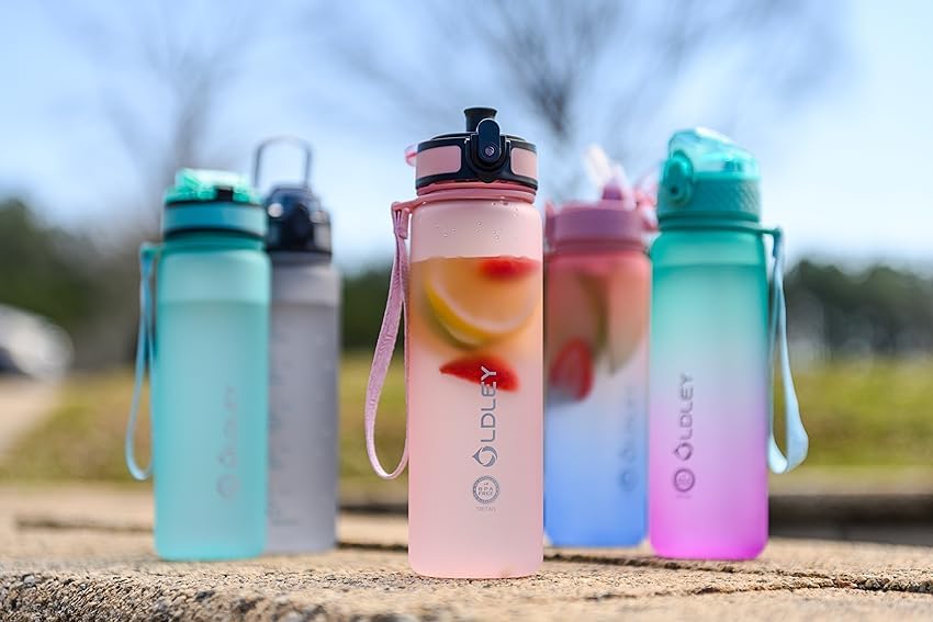 OLDLEY Kids Water Bottle for School, 12 oz (2 lids) BPA-Free Reusable Leak-proof Durable Tritan Plastic Bottles with Straw & Chug Lids, Anti-dust Spout Cover (Pink Blue)