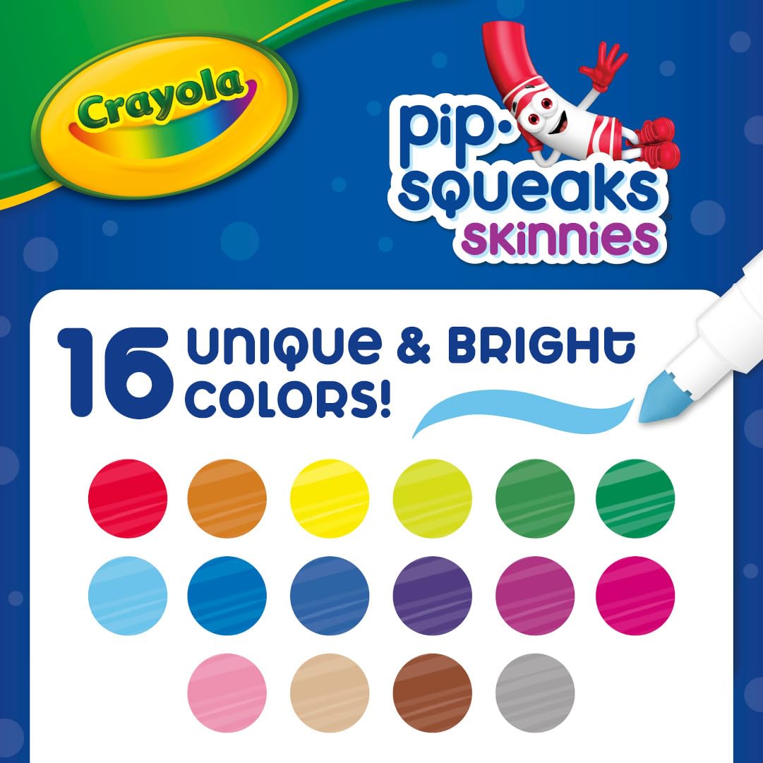 Crayola Washable Pip Squeaks Skinnies Markers (16ct), Mini Markers for Toddlers, Coloring Book Markers, Kids Stocking Stuffers & Gifts, 3+