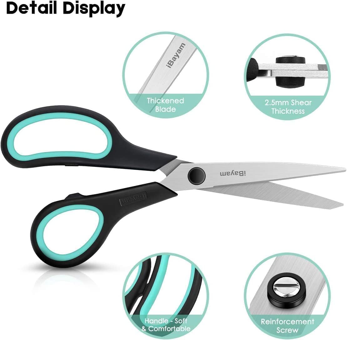 Scissors, iBayam 8" All Purpose Scissors Bulk 3-Pack, Ultra Sharp 2.5mm Thick Blade Shears Comfort-Grip Scissors for Office Desk Accessories Sewing Fabric Home Craft School Supplies, Right/Left Handed