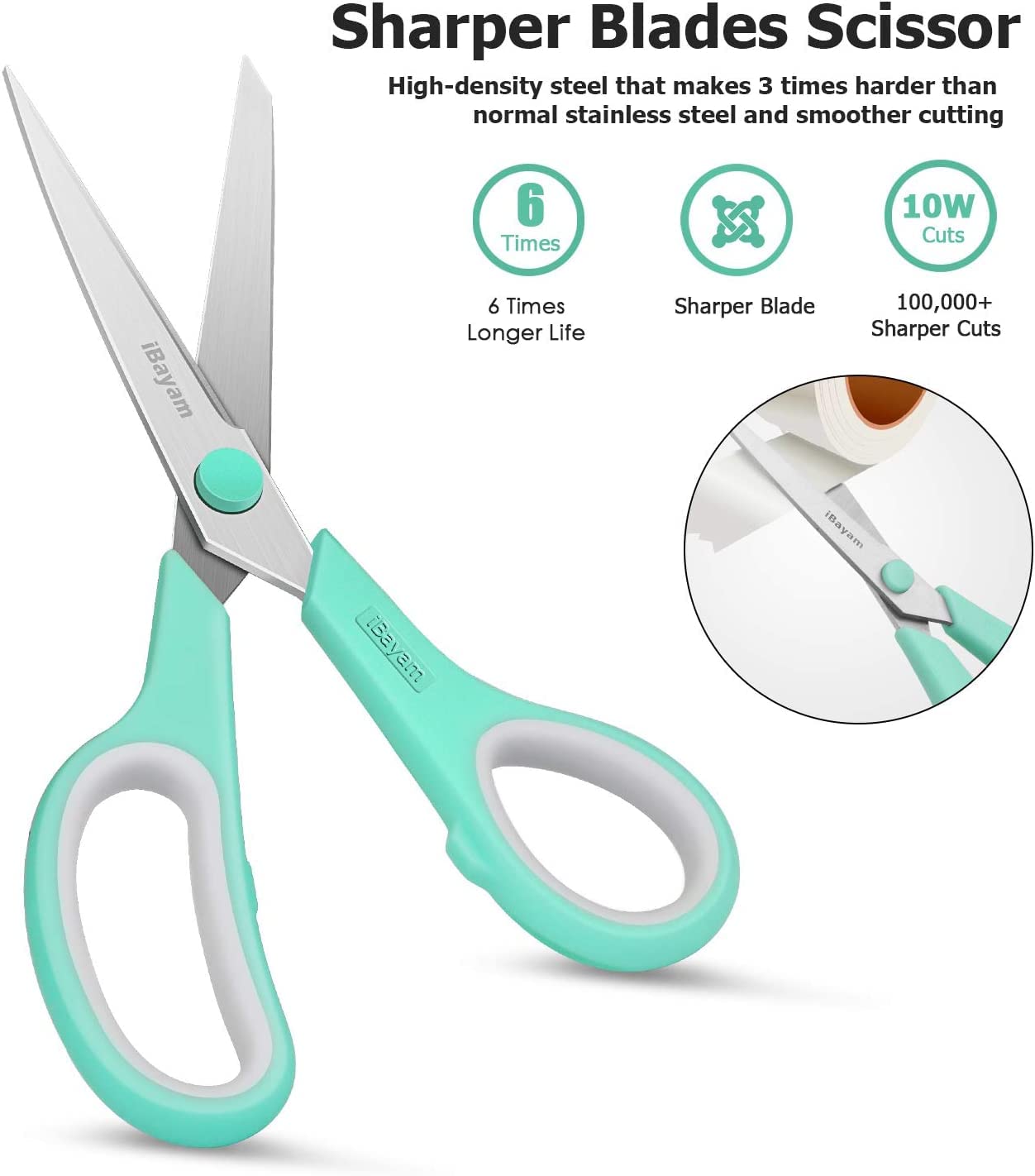 Scissors, iBayam 8" All Purpose Scissors Bulk 3-Pack, Ultra Sharp 2.5mm Thick Blade Shears Comfort-Grip Scissors for Office Desk Accessories Sewing Fabric Home Craft School Supplies, Right/Left Handed