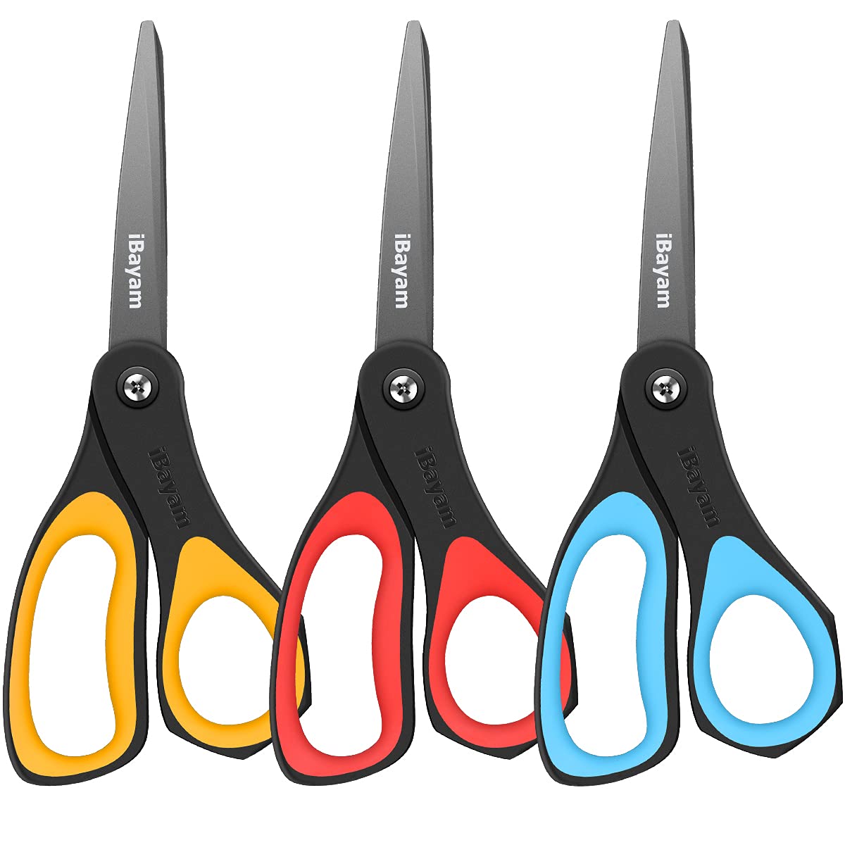 Scissors, iBayam 8" All Purpose Scissors Bulk 3-Pack, Ultra Sharp 2.5mm Thick Blade Shears Comfort-Grip Scissors for Office Desk Accessories Sewing Fabric Home Craft School Supplies, Right/Left Handed