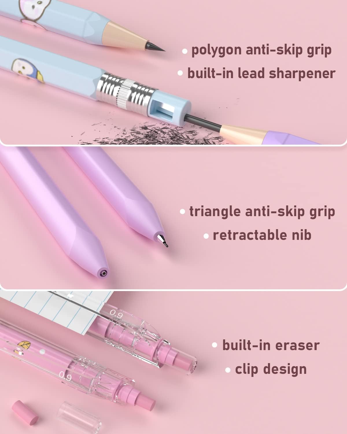 Nicpro 47PCS Aesthetic School Supplies in Big Capacity Pen Case, Cute Pastel Mechanical Pencils 0.5, 0.7, 0.9 & 2mm Lead Holder with 25 Tube Lead Refills 4B 2B HB 2H Color, Erasers for Student Writing
