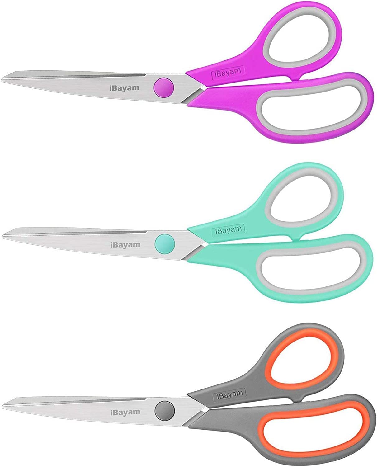 Scissors, iBayam 8" All Purpose Scissors Bulk 3-Pack, Ultra Sharp 2.5mm Thick Blade Shears Comfort-Grip Scissors for Office Desk Accessories Sewing Fabric Home Craft School Supplies, Right/Left Handed