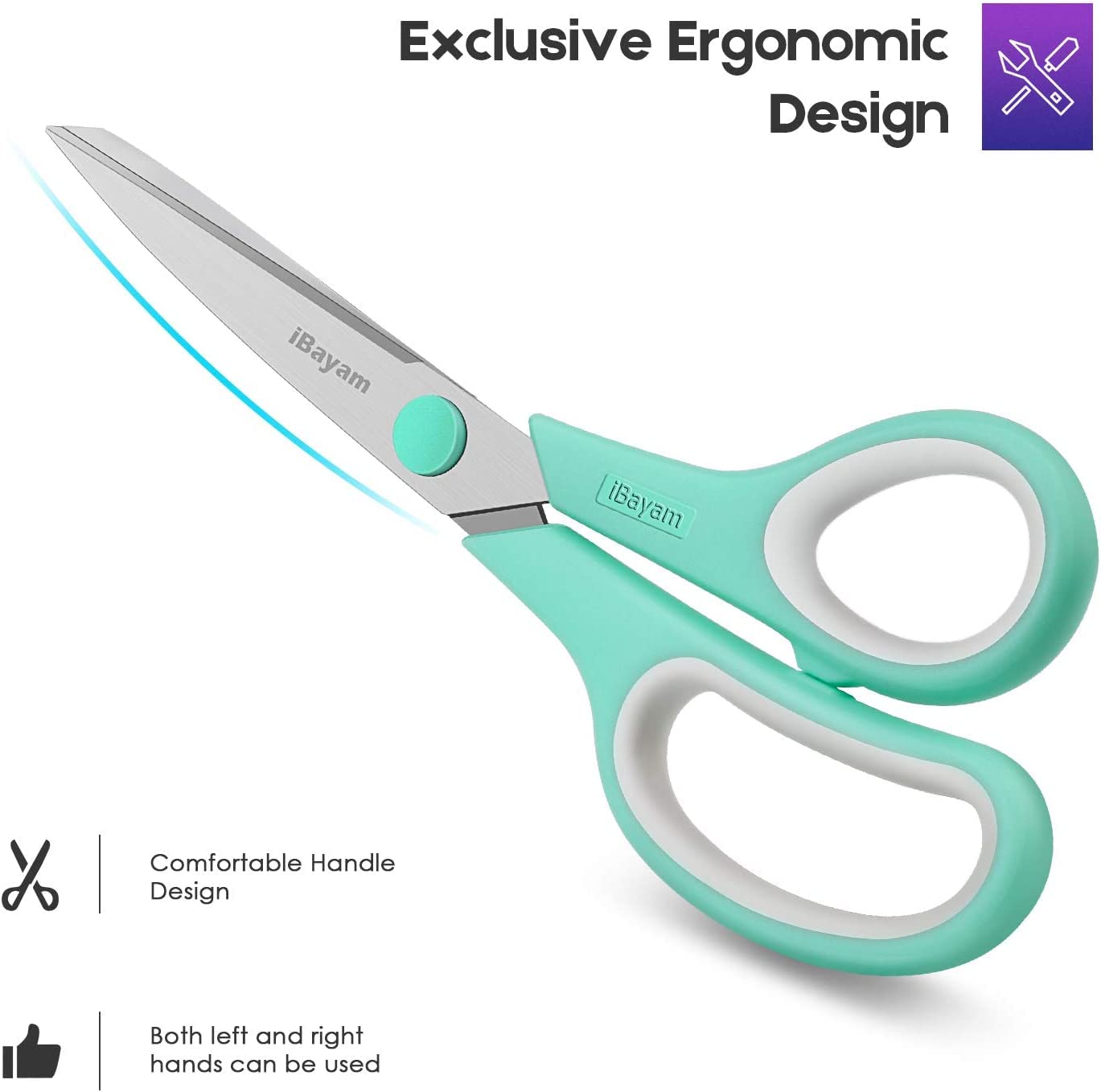 Scissors, iBayam 8" All Purpose Scissors Bulk 3-Pack, Ultra Sharp 2.5mm Thick Blade Shears Comfort-Grip Scissors for Office Desk Accessories Sewing Fabric Home Craft School Supplies, Right/Left Handed