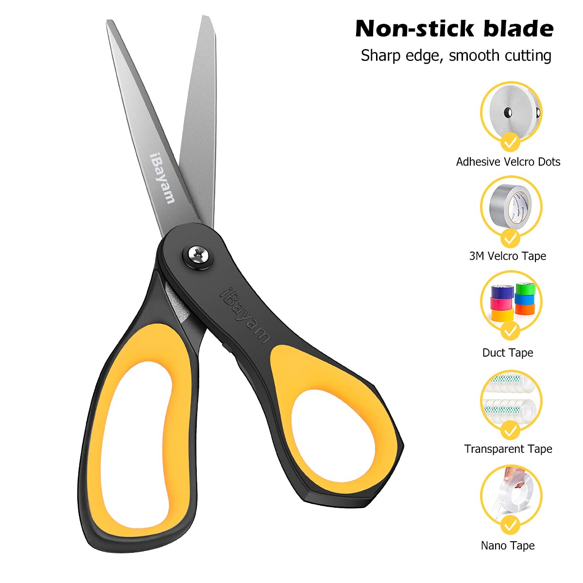 Scissors, iBayam 8" All Purpose Scissors Bulk 3-Pack, Ultra Sharp 2.5mm Thick Blade Shears Comfort-Grip Scissors for Office Desk Accessories Sewing Fabric Home Craft School Supplies, Right/Left Handed