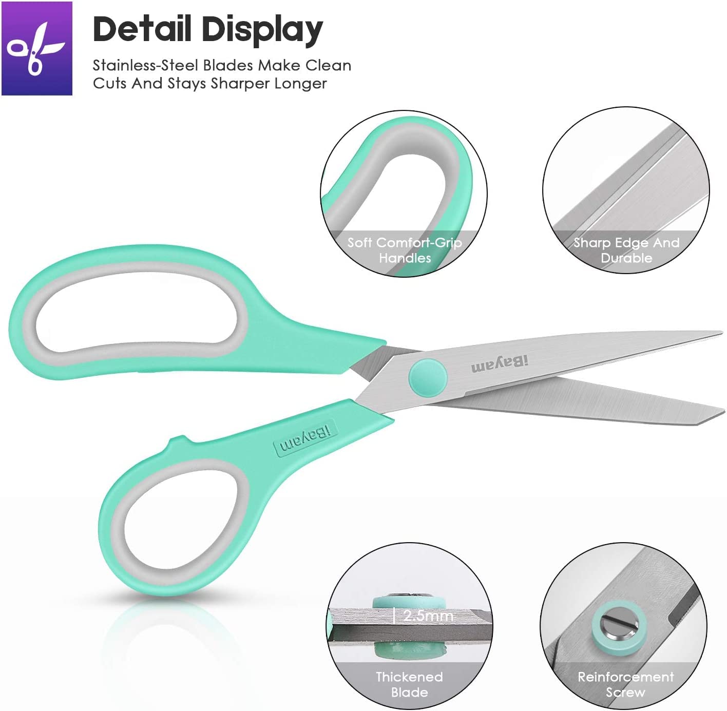 Scissors, iBayam 8" All Purpose Scissors Bulk 3-Pack, Ultra Sharp 2.5mm Thick Blade Shears Comfort-Grip Scissors for Office Desk Accessories Sewing Fabric Home Craft School Supplies, Right/Left Handed