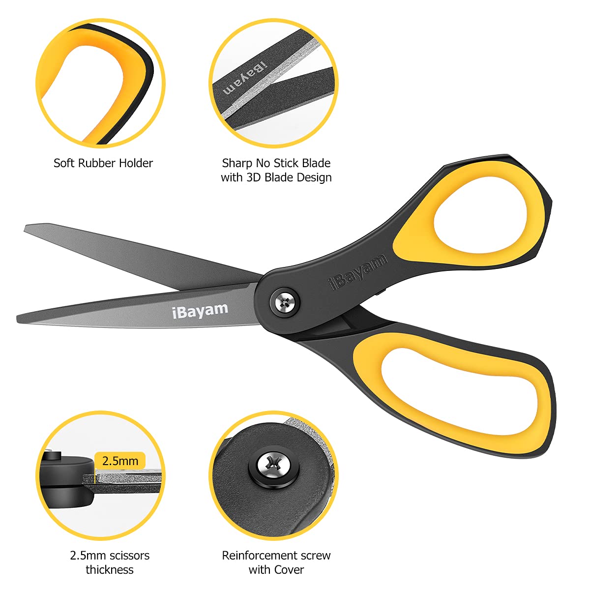 Scissors, iBayam 8" All Purpose Scissors Bulk 3-Pack, Ultra Sharp 2.5mm Thick Blade Shears Comfort-Grip Scissors for Office Desk Accessories Sewing Fabric Home Craft School Supplies, Right/Left Handed