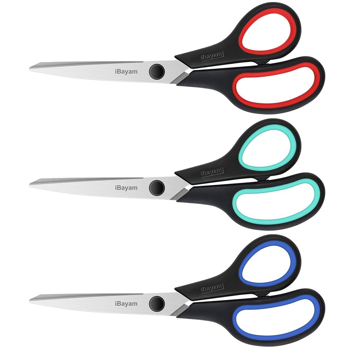 Scissors, iBayam 8" All Purpose Scissors Bulk 3-Pack, Ultra Sharp 2.5mm Thick Blade Shears Comfort-Grip Scissors for Office Desk Accessories Sewing Fabric Home Craft School Supplies, Right/Left Handed