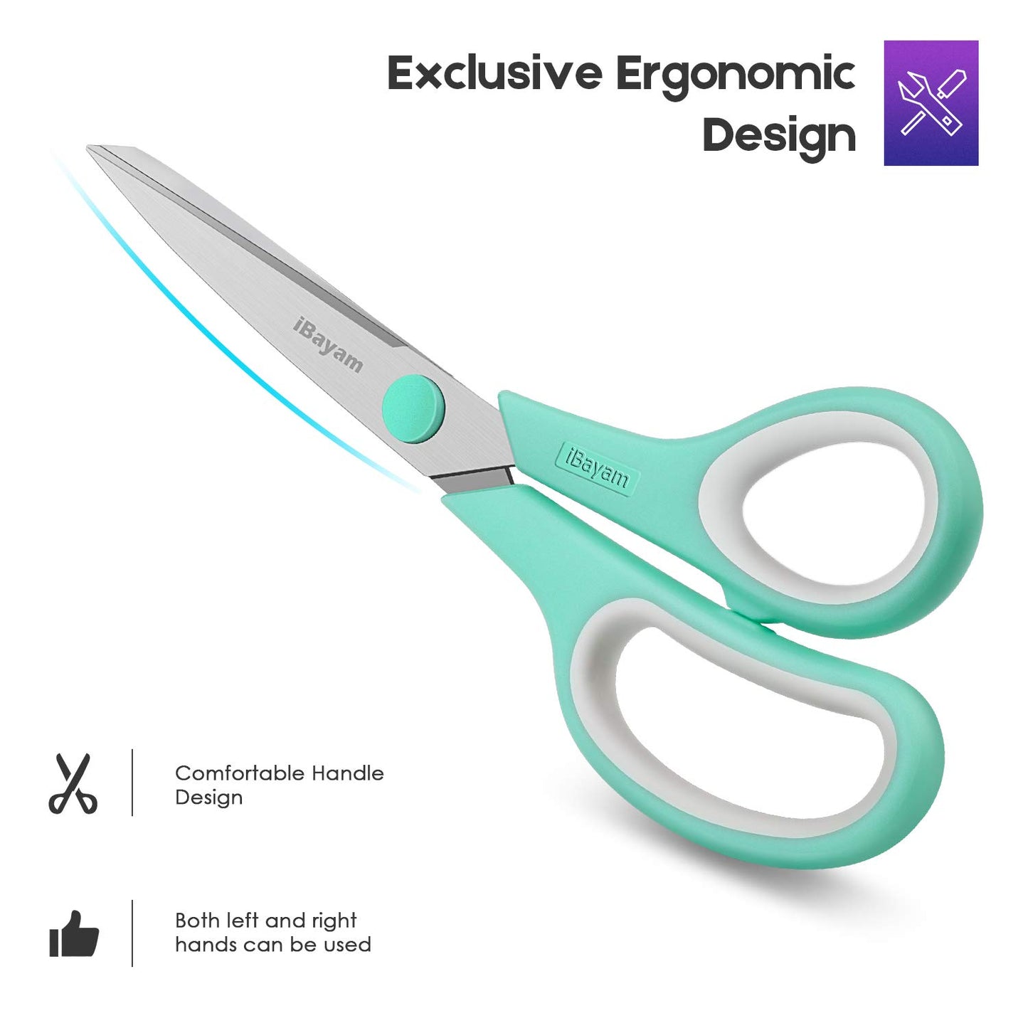 Scissors, iBayam 8" All Purpose Scissors Bulk 3-Pack, Ultra Sharp 2.5mm Thick Blade Shears Comfort-Grip Scissors for Office Desk Accessories Sewing Fabric Home Craft School Supplies, Right/Left Handed