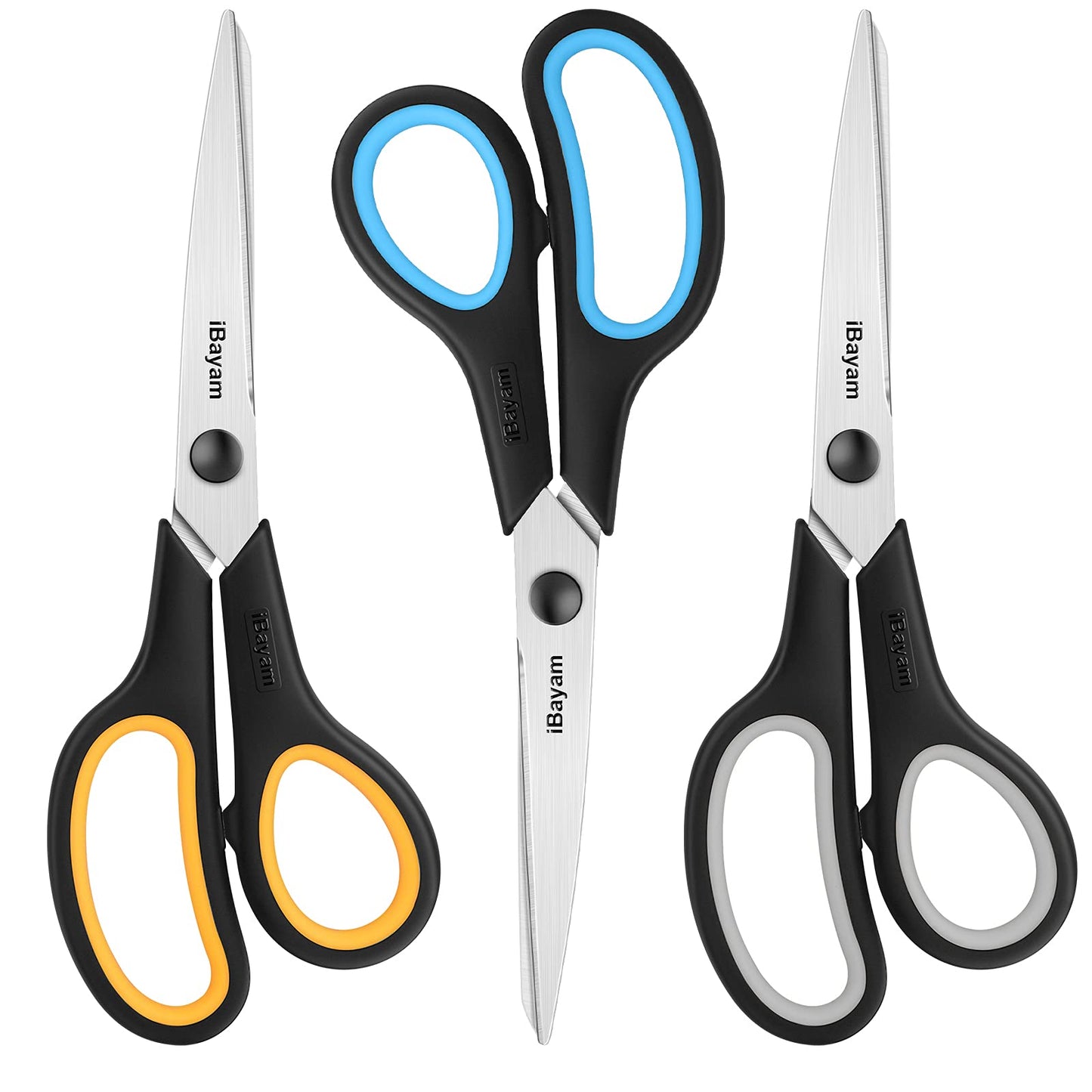 Scissors, iBayam 8" All Purpose Scissors Bulk 3-Pack, Ultra Sharp 2.5mm Thick Blade Shears Comfort-Grip Scissors for Office Desk Accessories Sewing Fabric Home Craft School Supplies, Right/Left Handed
