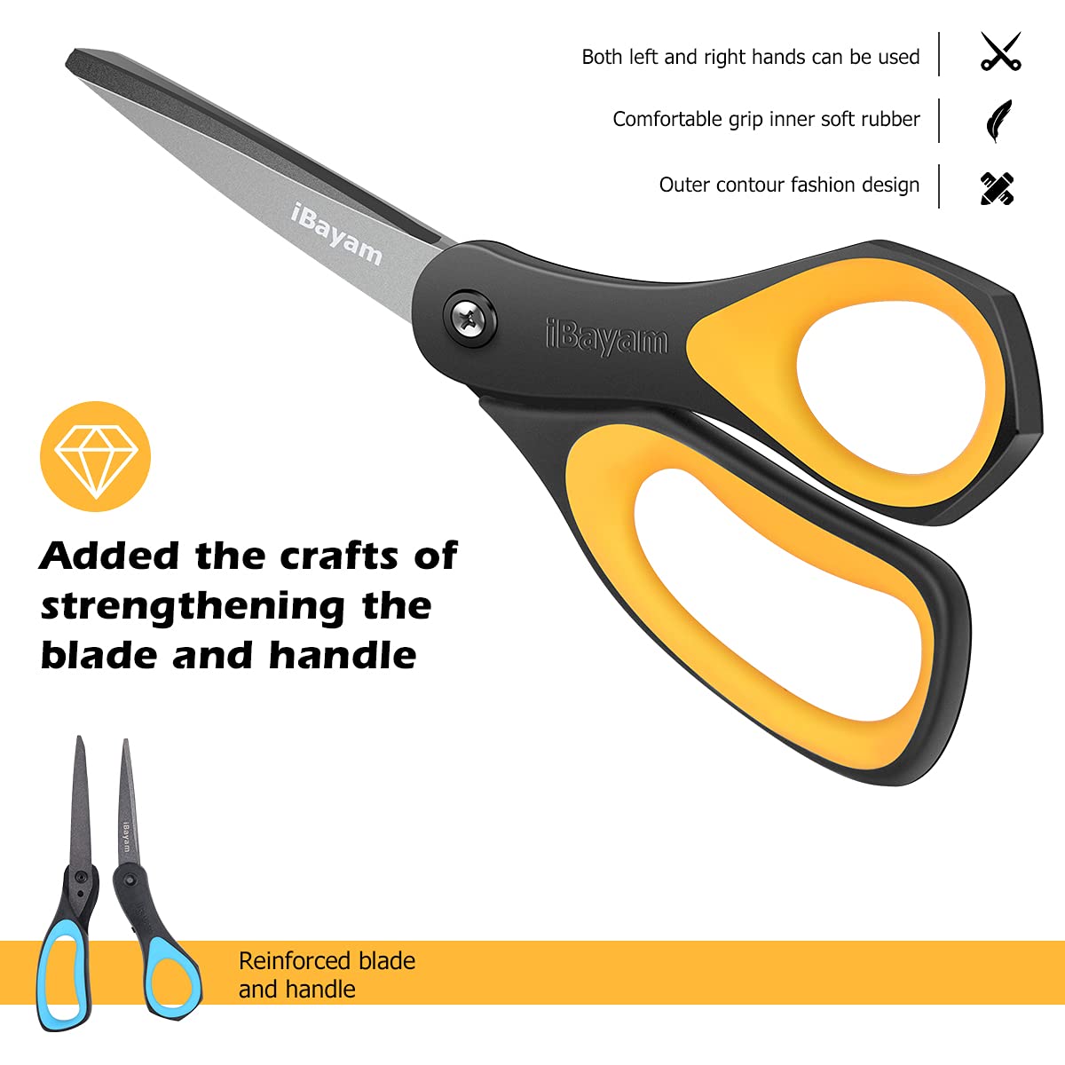 Scissors, iBayam 8" All Purpose Scissors Bulk 3-Pack, Ultra Sharp 2.5mm Thick Blade Shears Comfort-Grip Scissors for Office Desk Accessories Sewing Fabric Home Craft School Supplies, Right/Left Handed