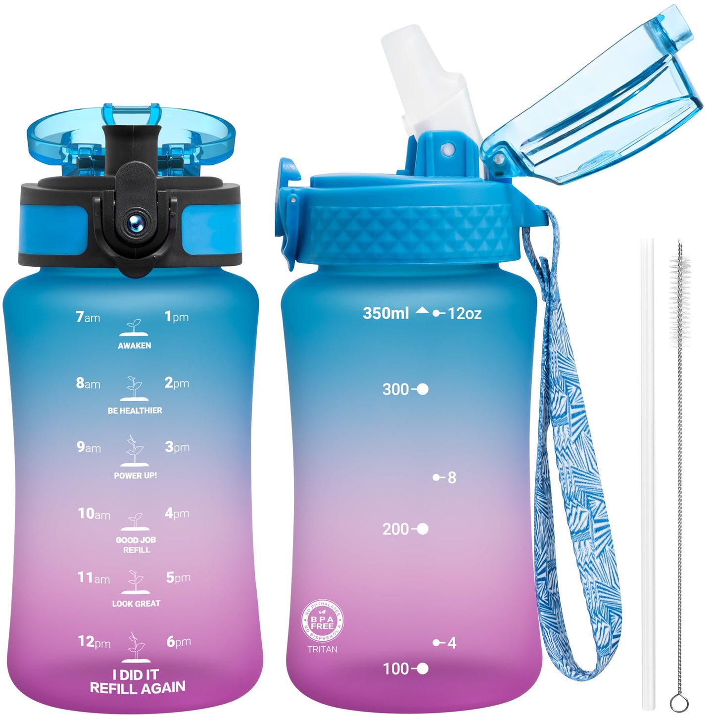 OLDLEY Kids Water Bottle for School, 12 oz (2 lids) BPA-Free Reusable Leak-proof Durable Tritan Plastic Bottles with Straw & Chug Lids, Anti-dust Spout Cover (Pink Blue)