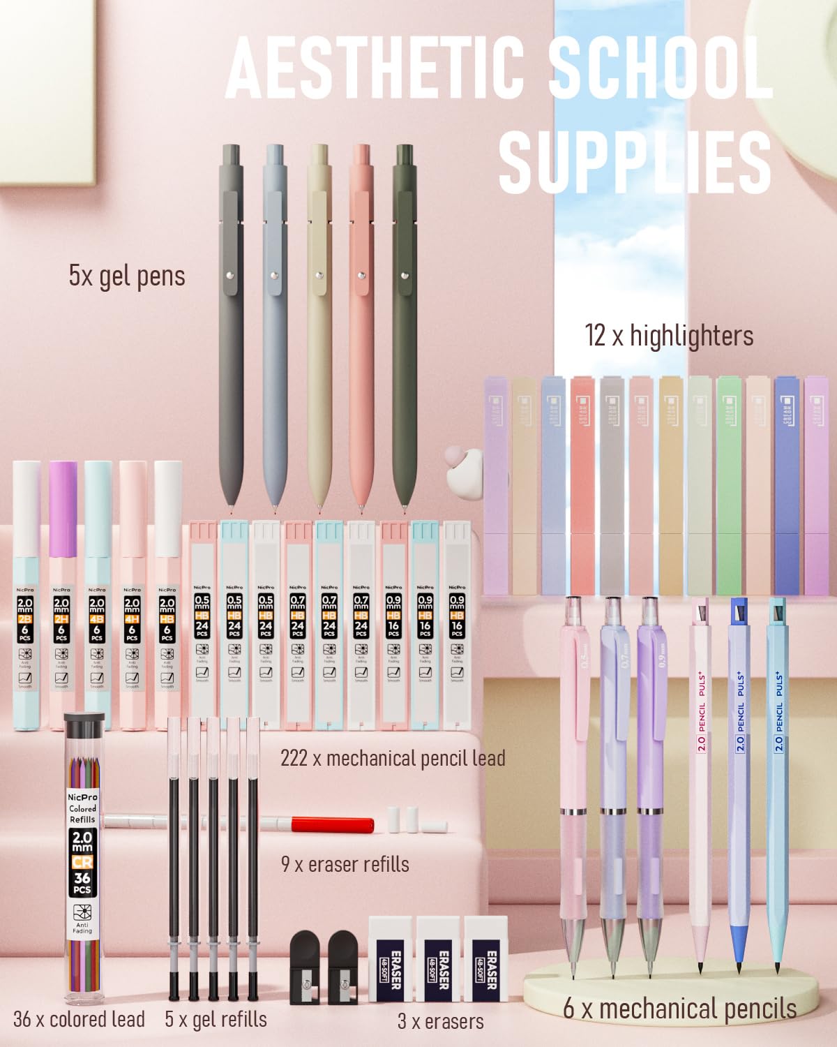 Nicpro 39 PCS Aesthetic School Supplies with Big Capacity Pen Case, 12 Color Pastel Highlighters, 5 Quick Dry Retractable Black Ink Pens, 6 Pastel Mechanical Pencil 0.5 & 0.7 mm for Student Stationary