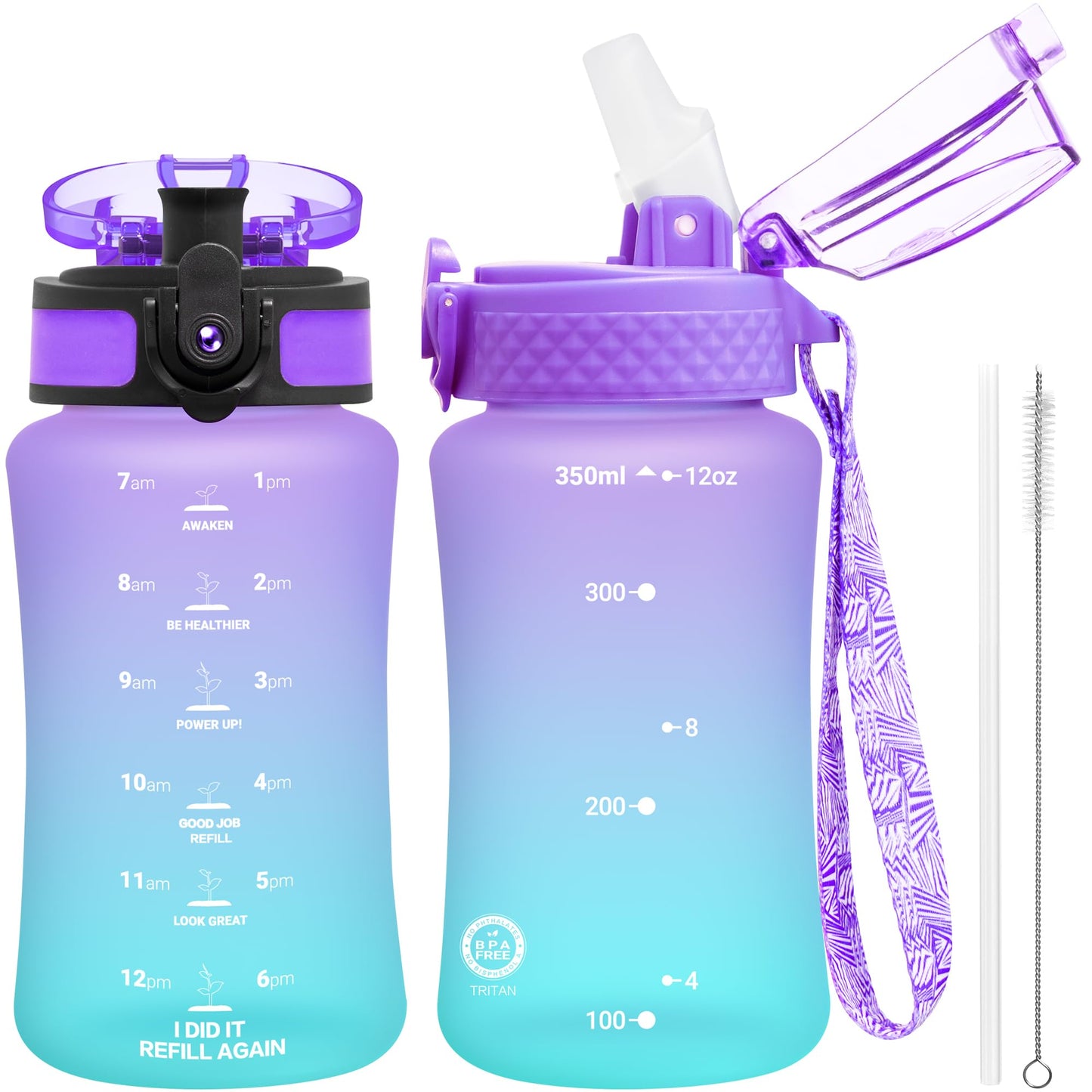 OLDLEY Kids Water Bottle for School, 12 oz (2 lids) BPA-Free Reusable Leak-proof Durable Tritan Plastic Bottles with Straw & Chug Lids, Anti-dust Spout Cover (Pink Blue)