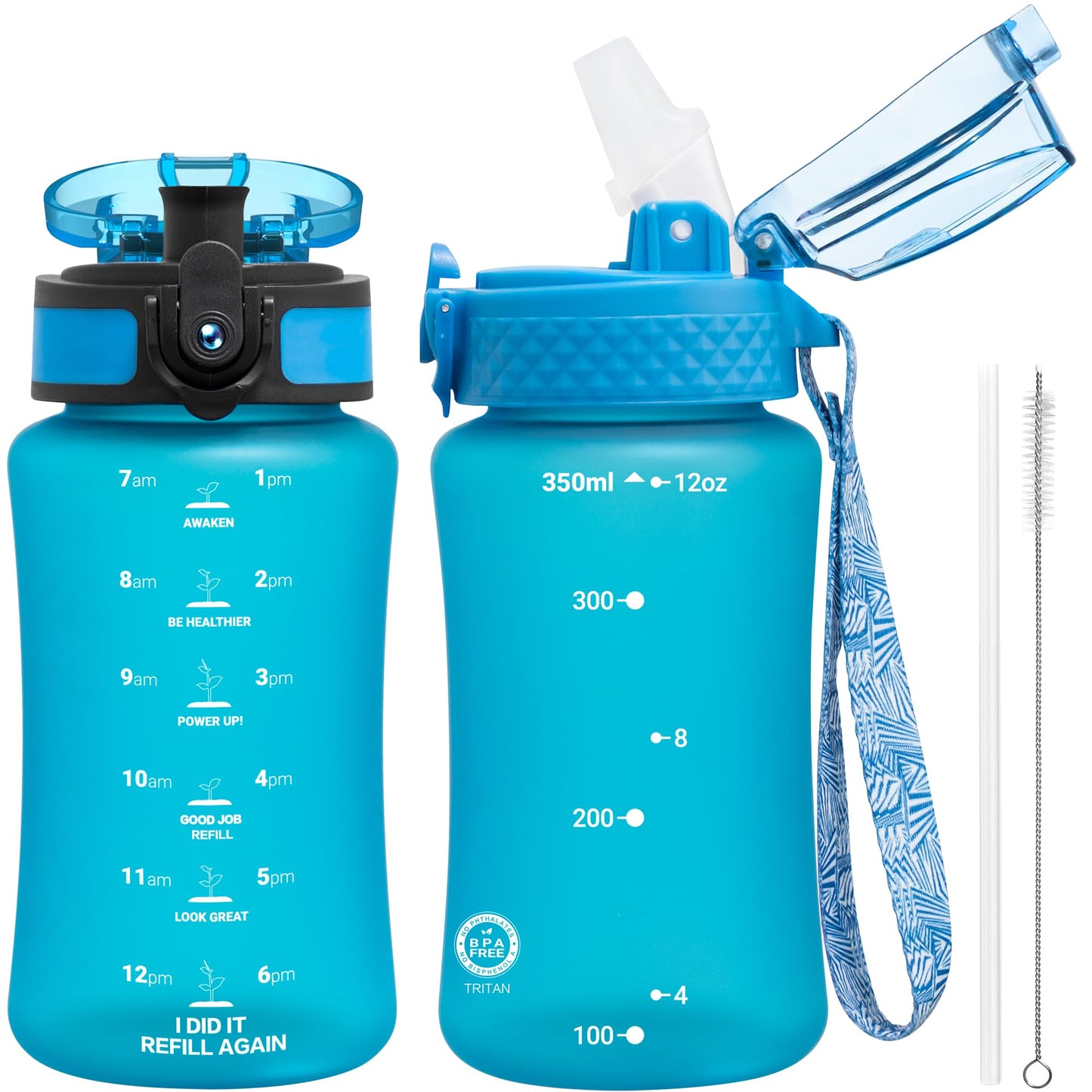 OLDLEY Kids Water Bottle for School, 12 oz (2 lids) BPA-Free Reusable Leak-proof Durable Tritan Plastic Bottles with Straw & Chug Lids, Anti-dust Spout Cover (Pink Blue)