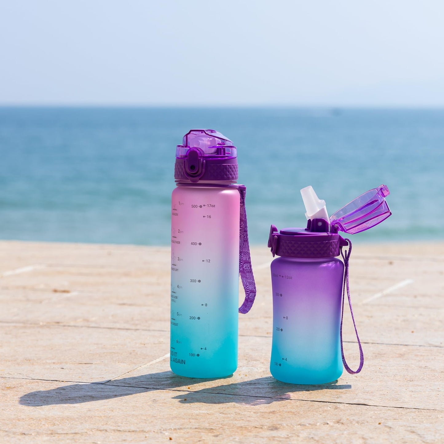 OLDLEY Kids Water Bottle for School, 12 oz (2 lids) BPA-Free Reusable Leak-proof Durable Tritan Plastic Bottles with Straw & Chug Lids, Anti-dust Spout Cover (Pink Blue)