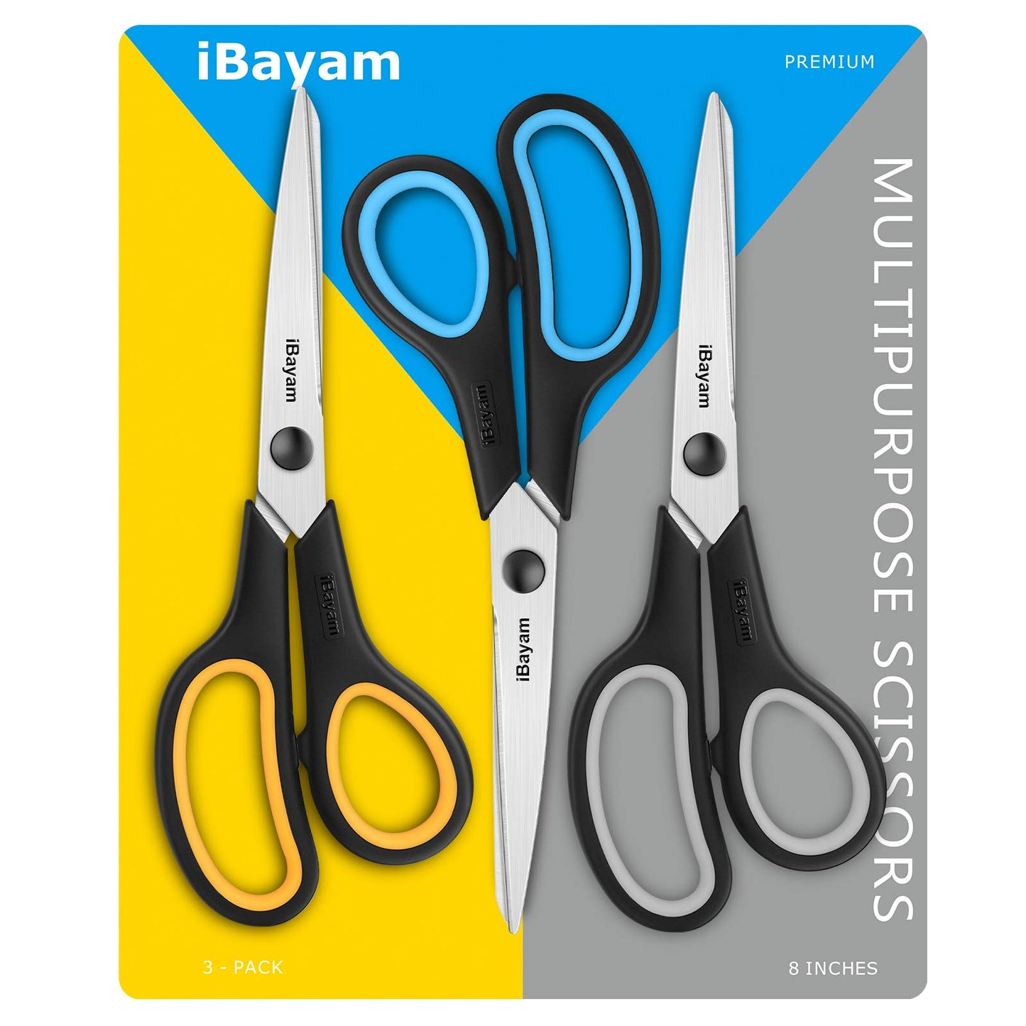 Scissors, iBayam 8" All Purpose Scissors Bulk 3-Pack, Ultra Sharp 2.5mm Thick Blade Shears Comfort-Grip Scissors for Office Desk Accessories Sewing Fabric Home Craft School Supplies, Right/Left Handed