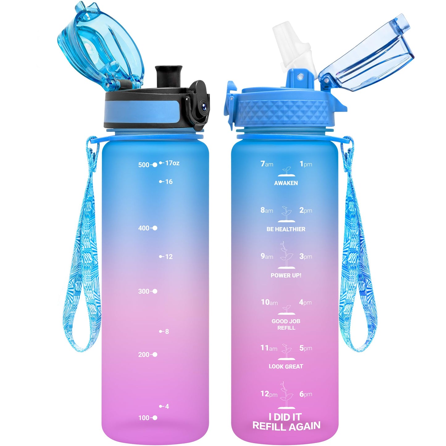 OLDLEY Kids Water Bottle for School, 12 oz (2 lids) BPA-Free Reusable Leak-proof Durable Tritan Plastic Bottles with Straw & Chug Lids, Anti-dust Spout Cover (Pink Blue)