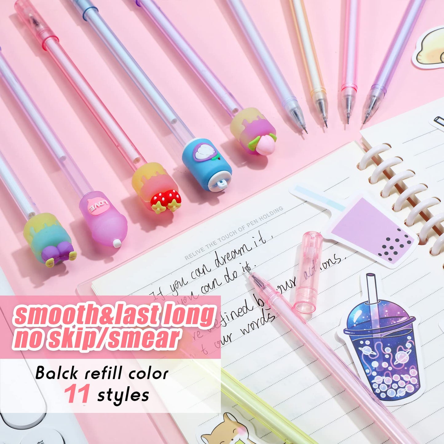 Sabary 228 Pcs Kawaii Stationary Set Include Telescopic Boba Pencil Pouch Case Bag Gel Ink Pen Sticky Note Bubble Tea Sticker Pill Highlighter Stationary Cute School Supplies for Christmas(Vivid)