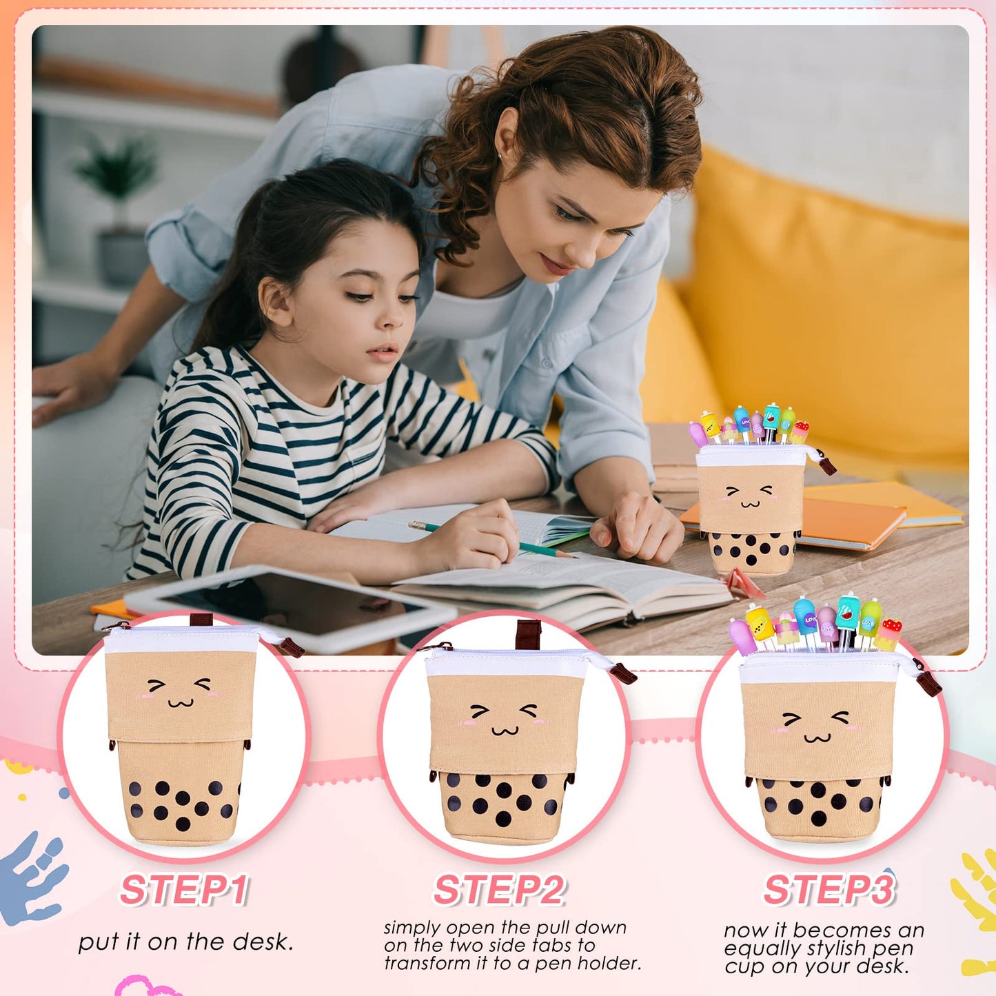 Sabary 228 Pcs Kawaii Stationary Set Include Telescopic Boba Pencil Pouch Case Bag Gel Ink Pen Sticky Note Bubble Tea Sticker Pill Highlighter Stationary Cute School Supplies for Christmas(Vivid)