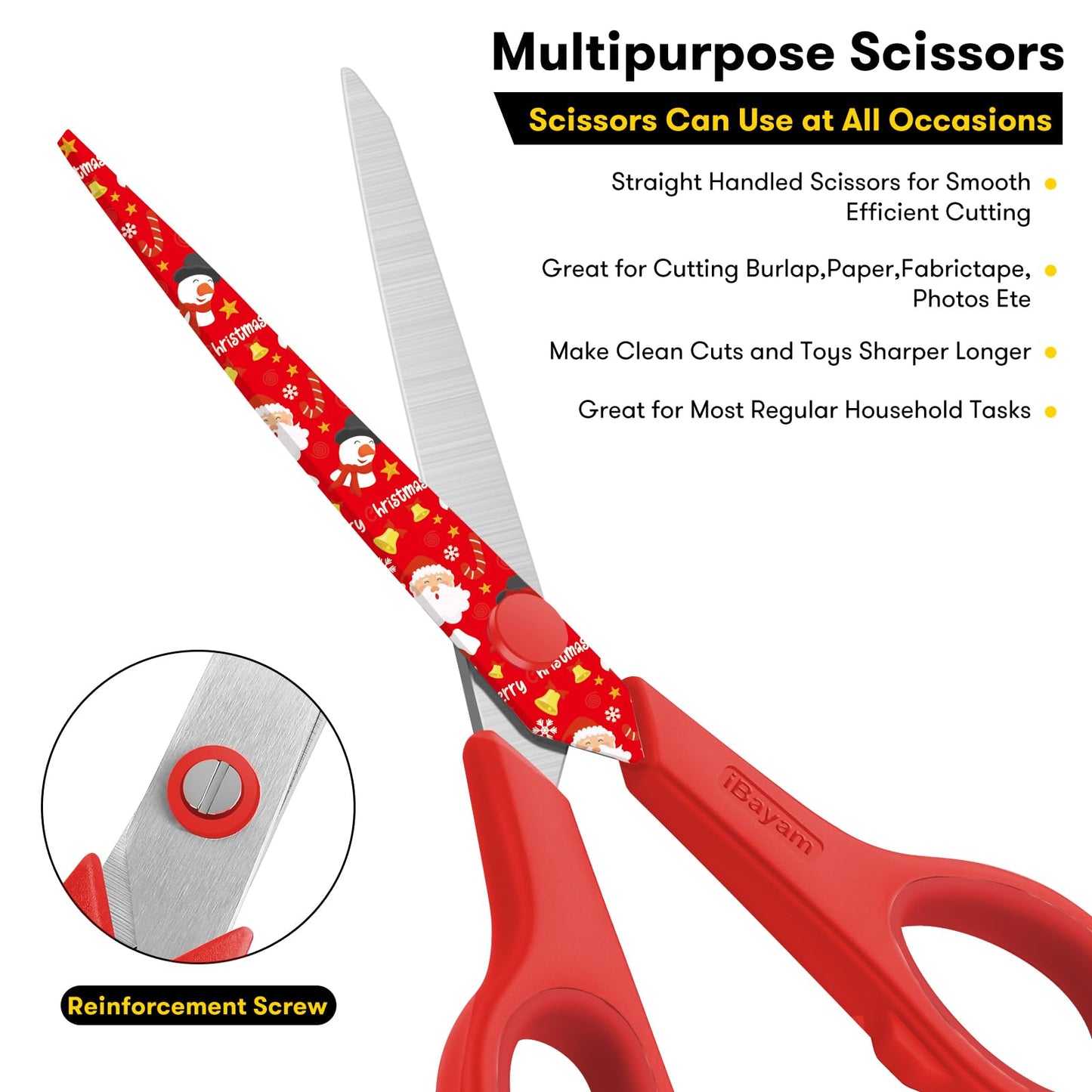 Scissors, iBayam 8" All Purpose Scissors Bulk 3-Pack, Ultra Sharp 2.5mm Thick Blade Shears Comfort-Grip Scissors for Office Desk Accessories Sewing Fabric Home Craft School Supplies, Right/Left Handed
