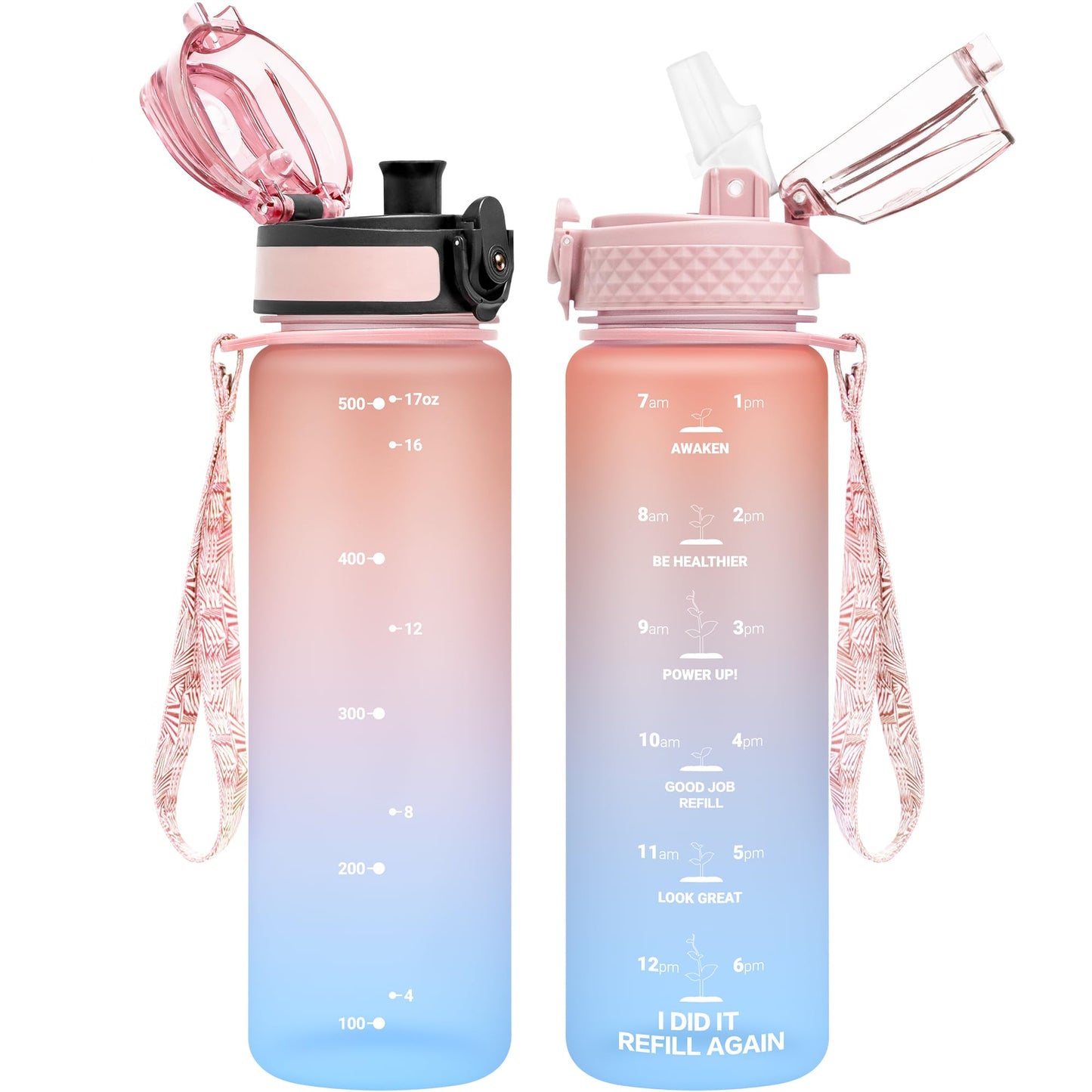 OLDLEY Kids Water Bottle for School, 12 oz (2 lids) BPA-Free Reusable Leak-proof Durable Tritan Plastic Bottles with Straw & Chug Lids, Anti-dust Spout Cover (Pink Blue)