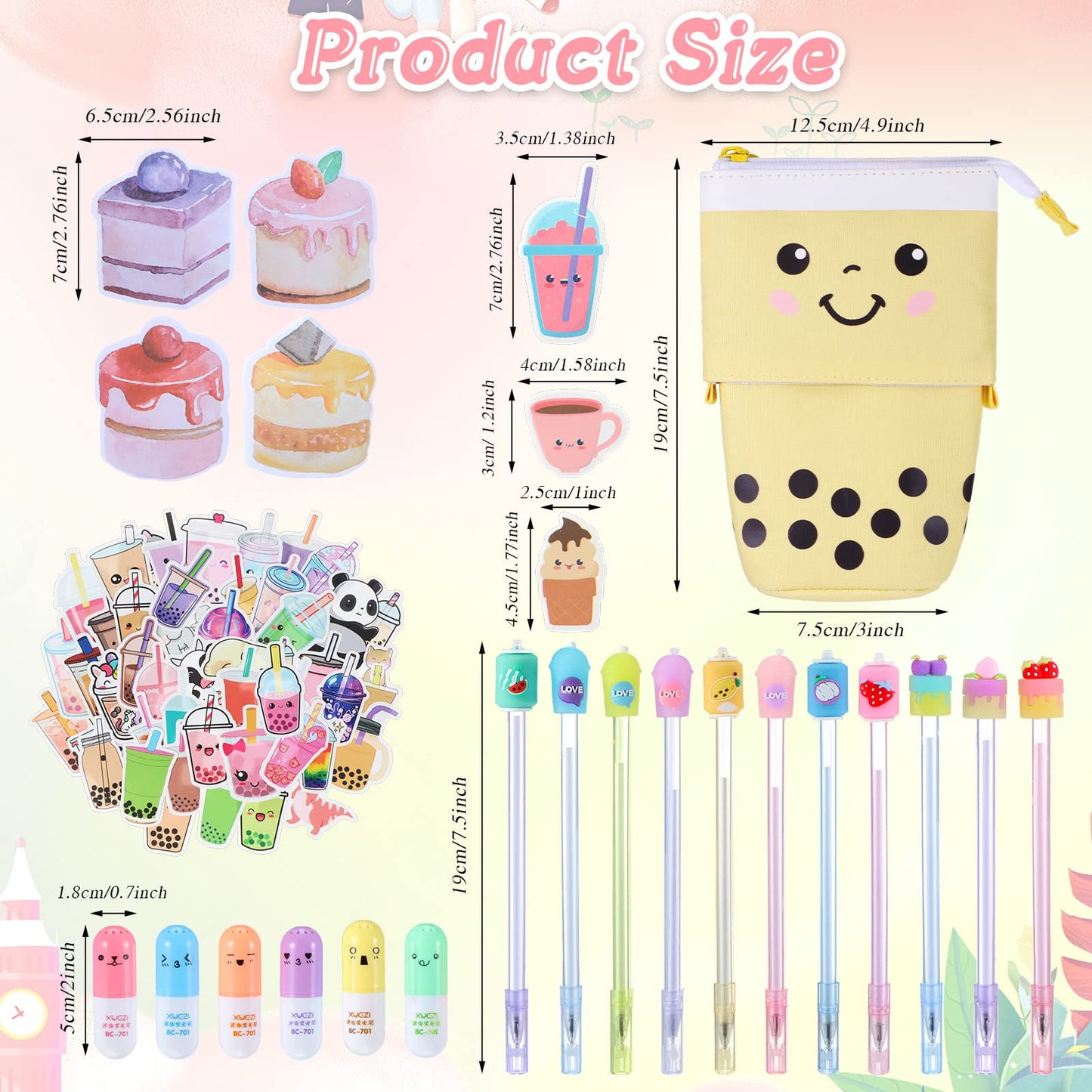 Sabary 228 Pcs Kawaii Stationary Set Include Telescopic Boba Pencil Pouch Case Bag Gel Ink Pen Sticky Note Bubble Tea Sticker Pill Highlighter Stationary Cute School Supplies for Christmas(Vivid)