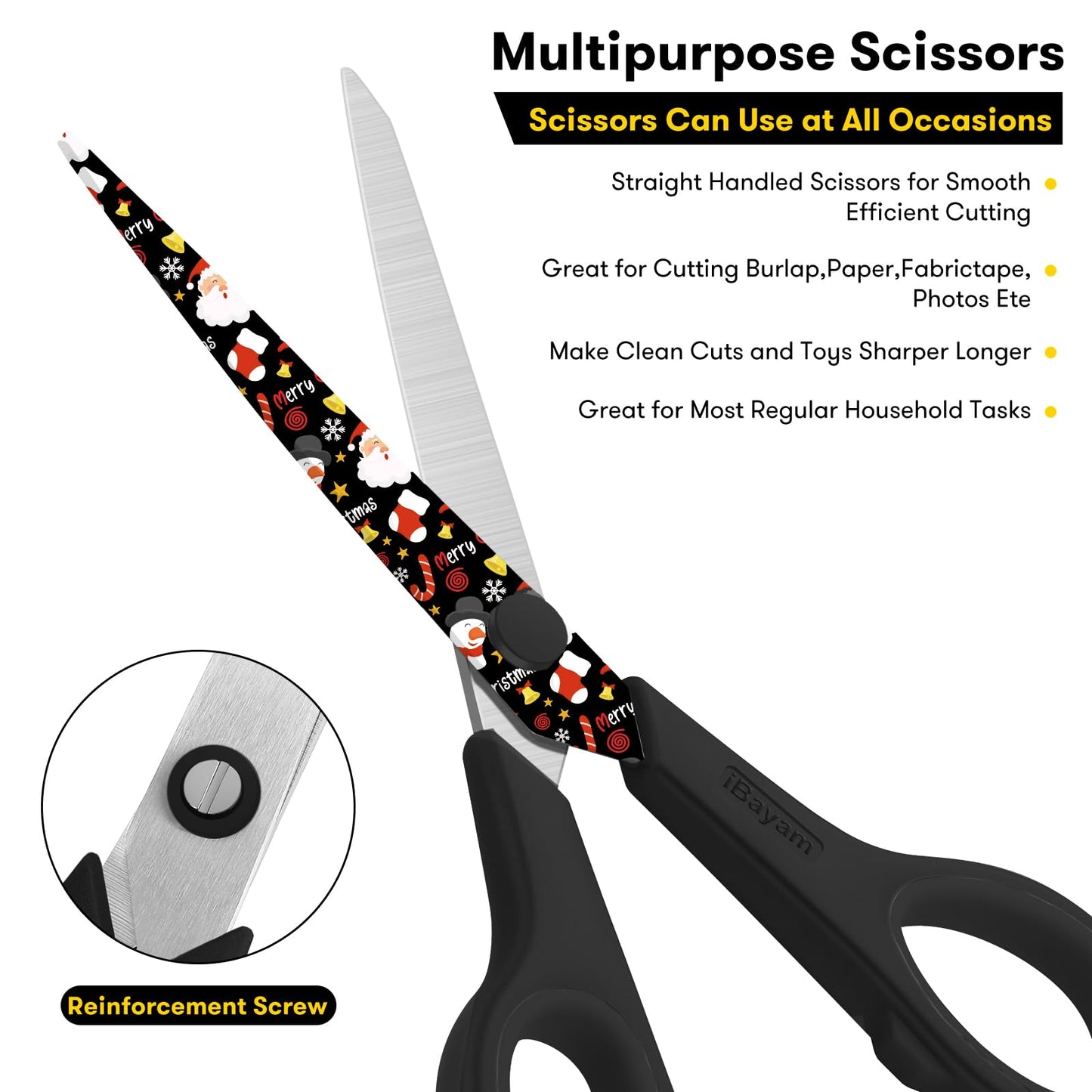 Scissors, iBayam 8" All Purpose Scissors Bulk 3-Pack, Ultra Sharp 2.5mm Thick Blade Shears Comfort-Grip Scissors for Office Desk Accessories Sewing Fabric Home Craft School Supplies, Right/Left Handed