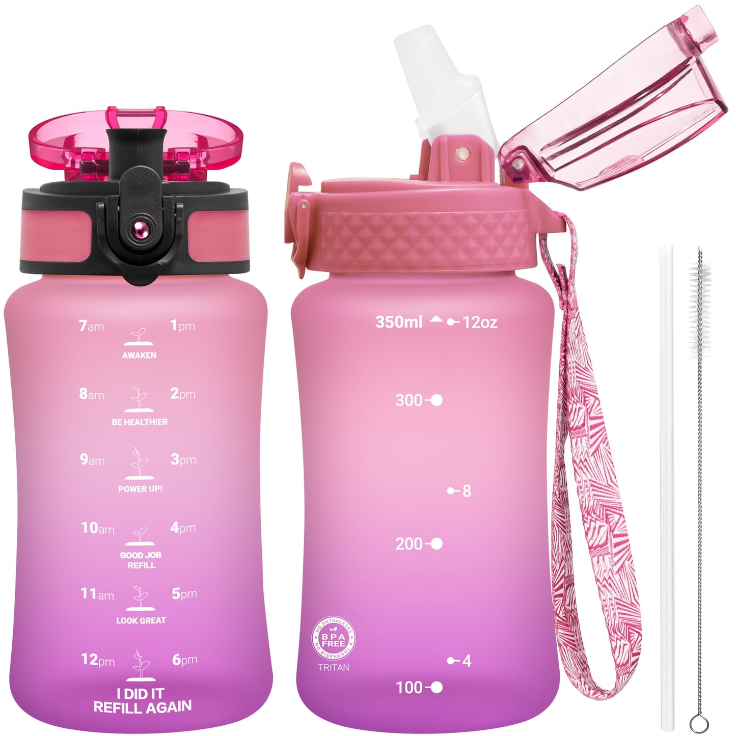 OLDLEY Kids Water Bottle for School, 12 oz (2 lids) BPA-Free Reusable Leak-proof Durable Tritan Plastic Bottles with Straw & Chug Lids, Anti-dust Spout Cover (Pink Blue)