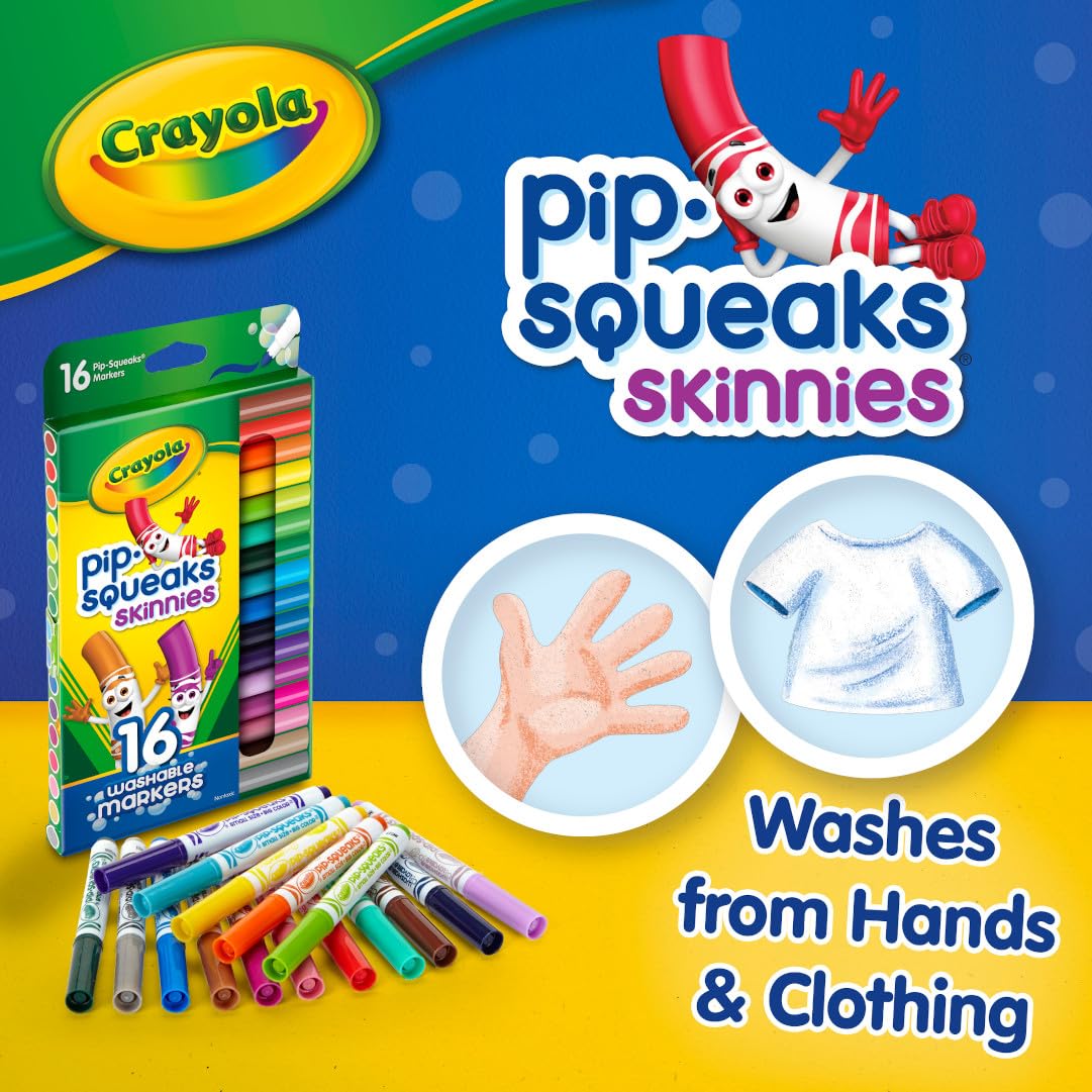 Crayola Washable Pip Squeaks Skinnies Markers (16ct), Mini Markers for Toddlers, Coloring Book Markers, Kids Stocking Stuffers & Gifts, 3+