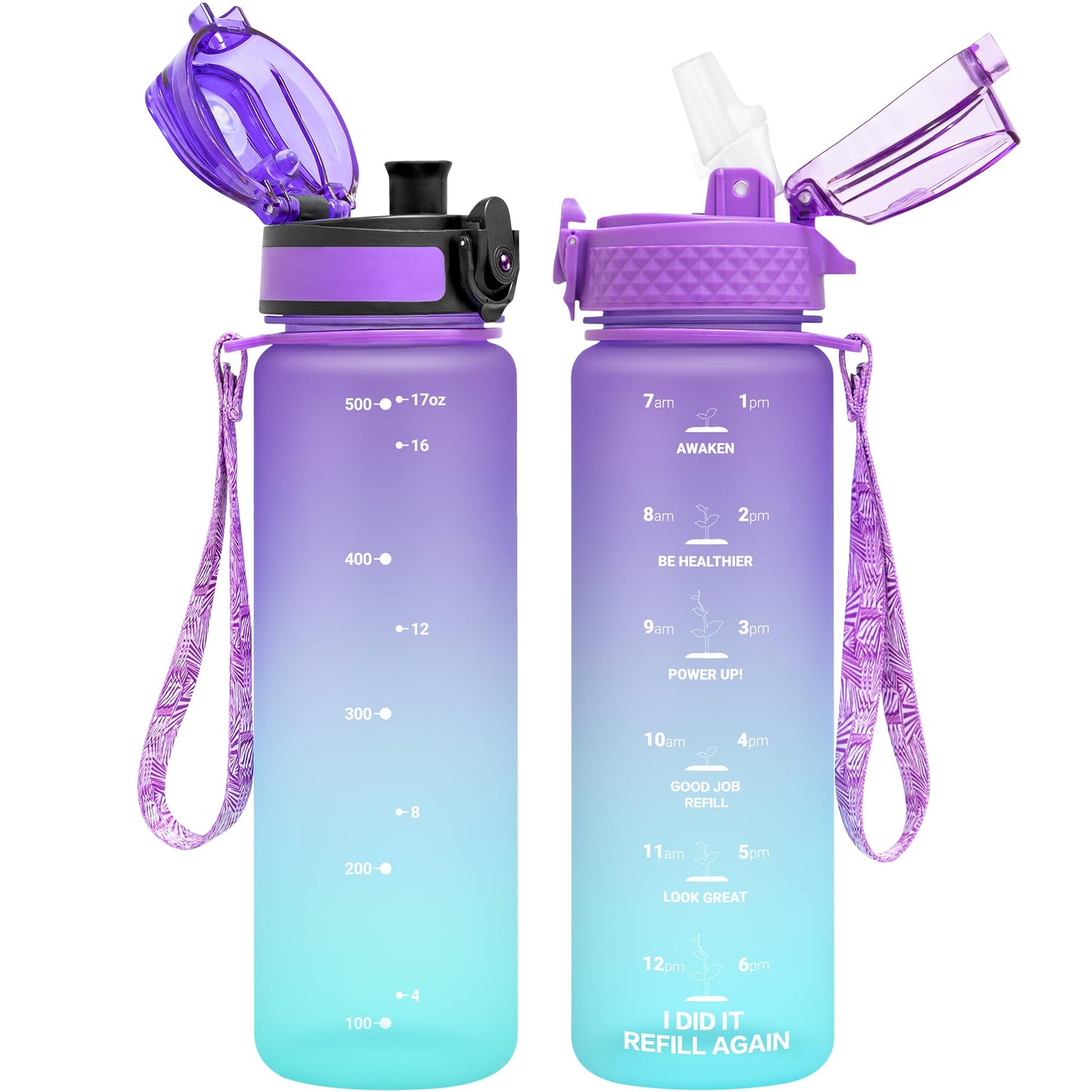 OLDLEY Kids Water Bottle for School, 12 oz (2 lids) BPA-Free Reusable Leak-proof Durable Tritan Plastic Bottles with Straw & Chug Lids, Anti-dust Spout Cover (Pink Blue)