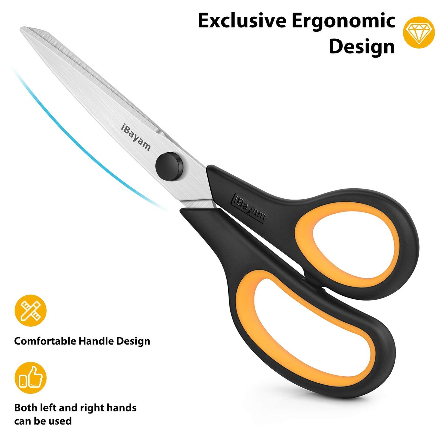 Scissors, iBayam 8" All Purpose Scissors Bulk 3-Pack, Ultra Sharp 2.5mm Thick Blade Shears Comfort-Grip Scissors for Office Desk Accessories Sewing Fabric Home Craft School Supplies, Right/Left Handed