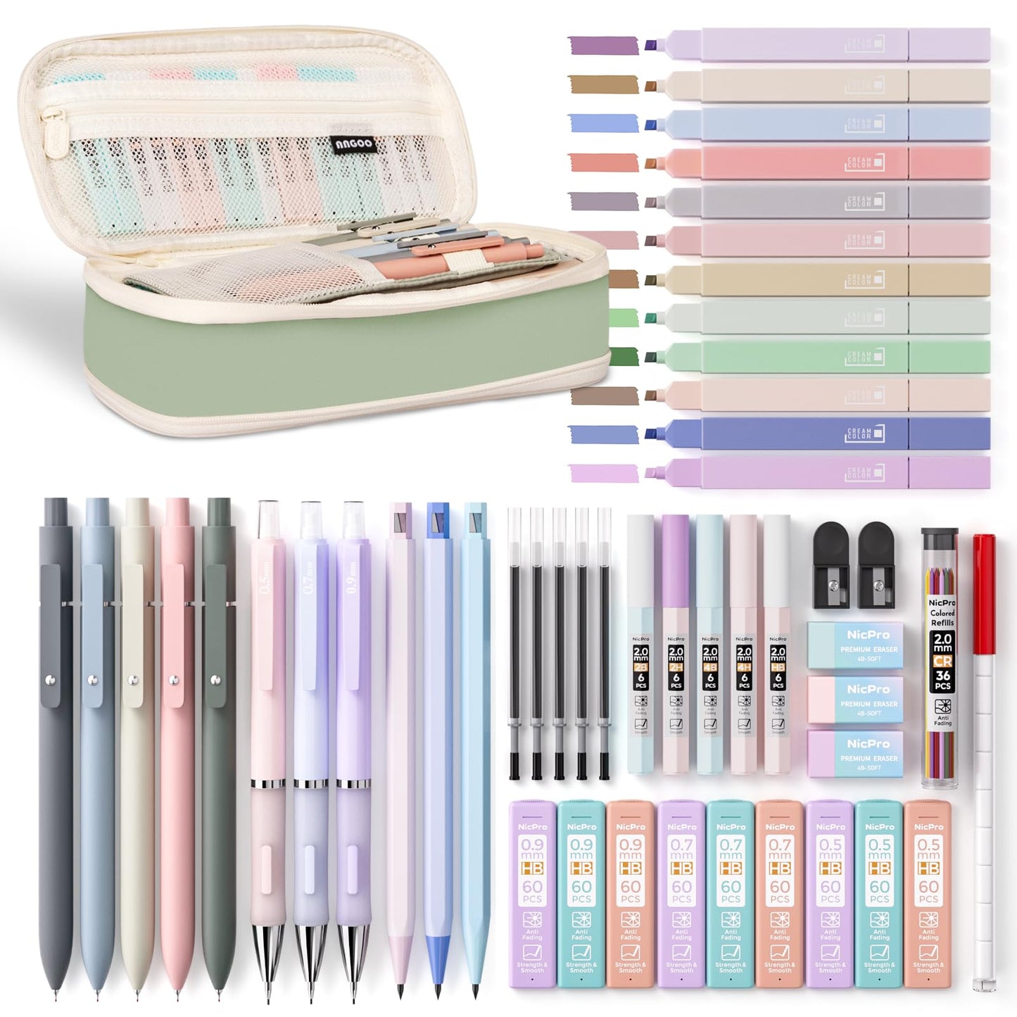 Nicpro 39 PCS Aesthetic School Supplies with Big Capacity Pen Case, 12 Color Pastel Highlighters, 5 Quick Dry Retractable Black Ink Pens, 6 Pastel Mechanical Pencil 0.5 & 0.7 mm for Student Stationary