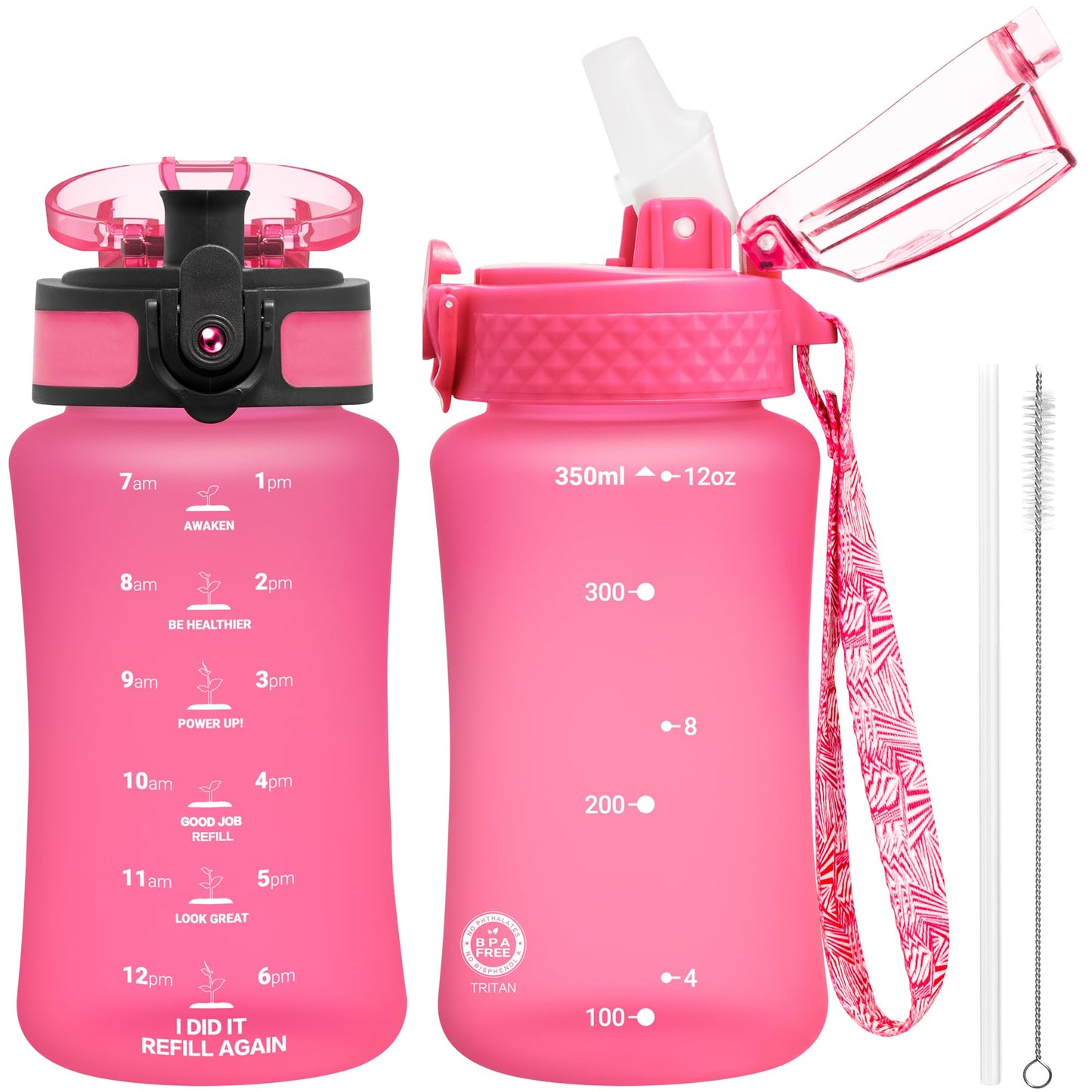 OLDLEY Kids Water Bottle for School, 12 oz (2 lids) BPA-Free Reusable Leak-proof Durable Tritan Plastic Bottles with Straw & Chug Lids, Anti-dust Spout Cover (Pink Blue)