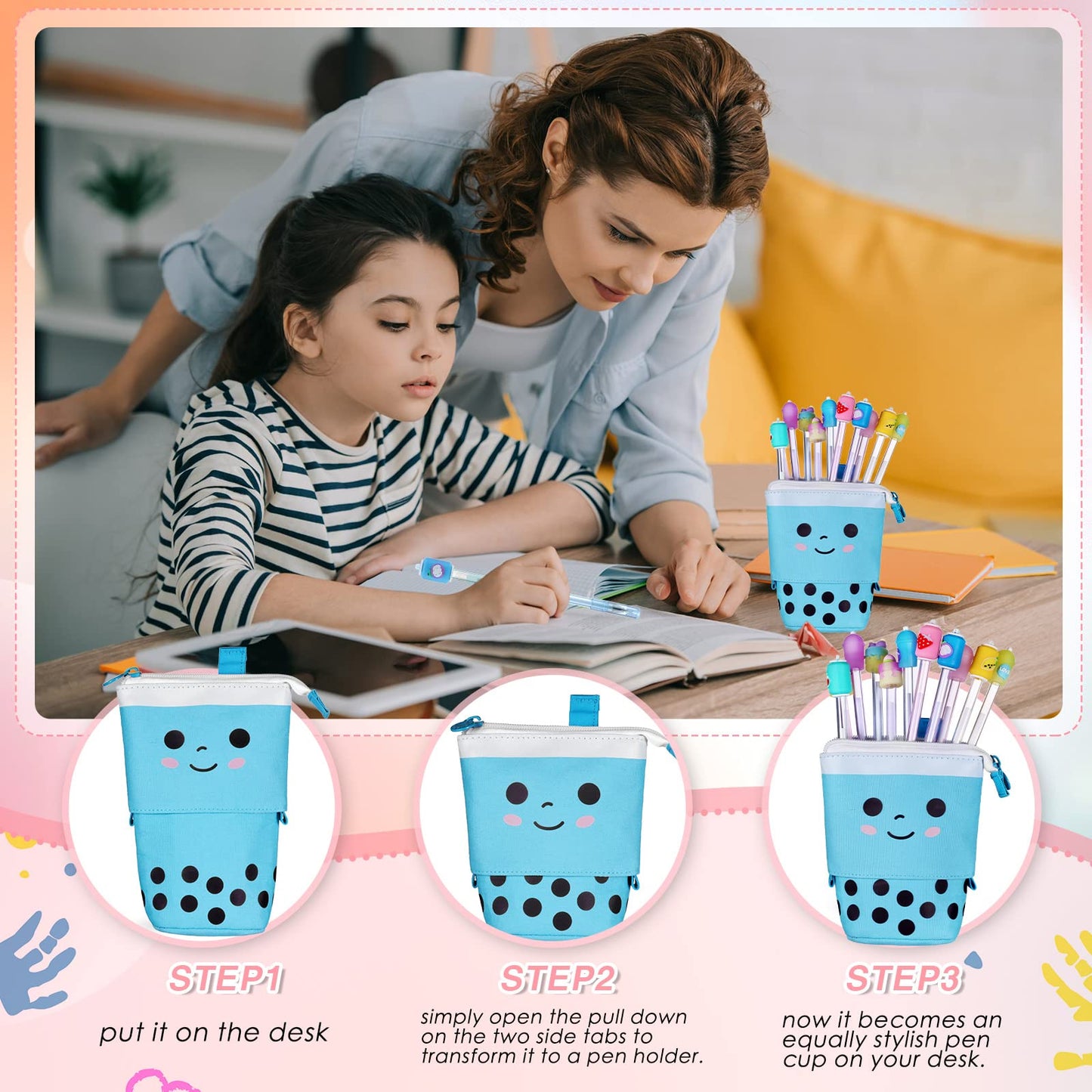 Sabary 228 Pcs Kawaii Stationary Set Include Telescopic Boba Pencil Pouch Case Bag Gel Ink Pen Sticky Note Bubble Tea Sticker Pill Highlighter Stationary Cute School Supplies for Christmas(Vivid)