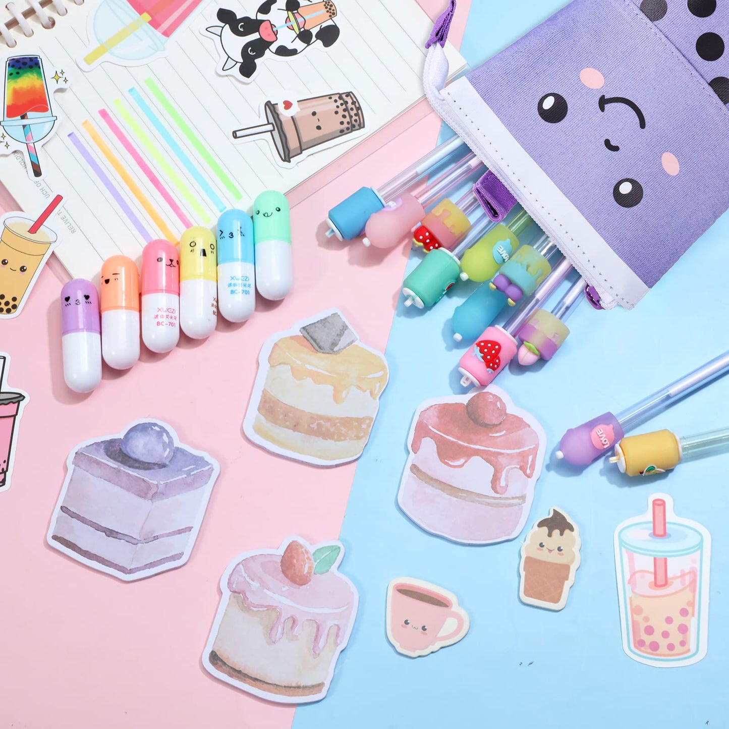 Sabary 228 Pcs Kawaii Stationary Set Include Telescopic Boba Pencil Pouch Case Bag Gel Ink Pen Sticky Note Bubble Tea Sticker Pill Highlighter Stationary Cute School Supplies for Christmas(Vivid)