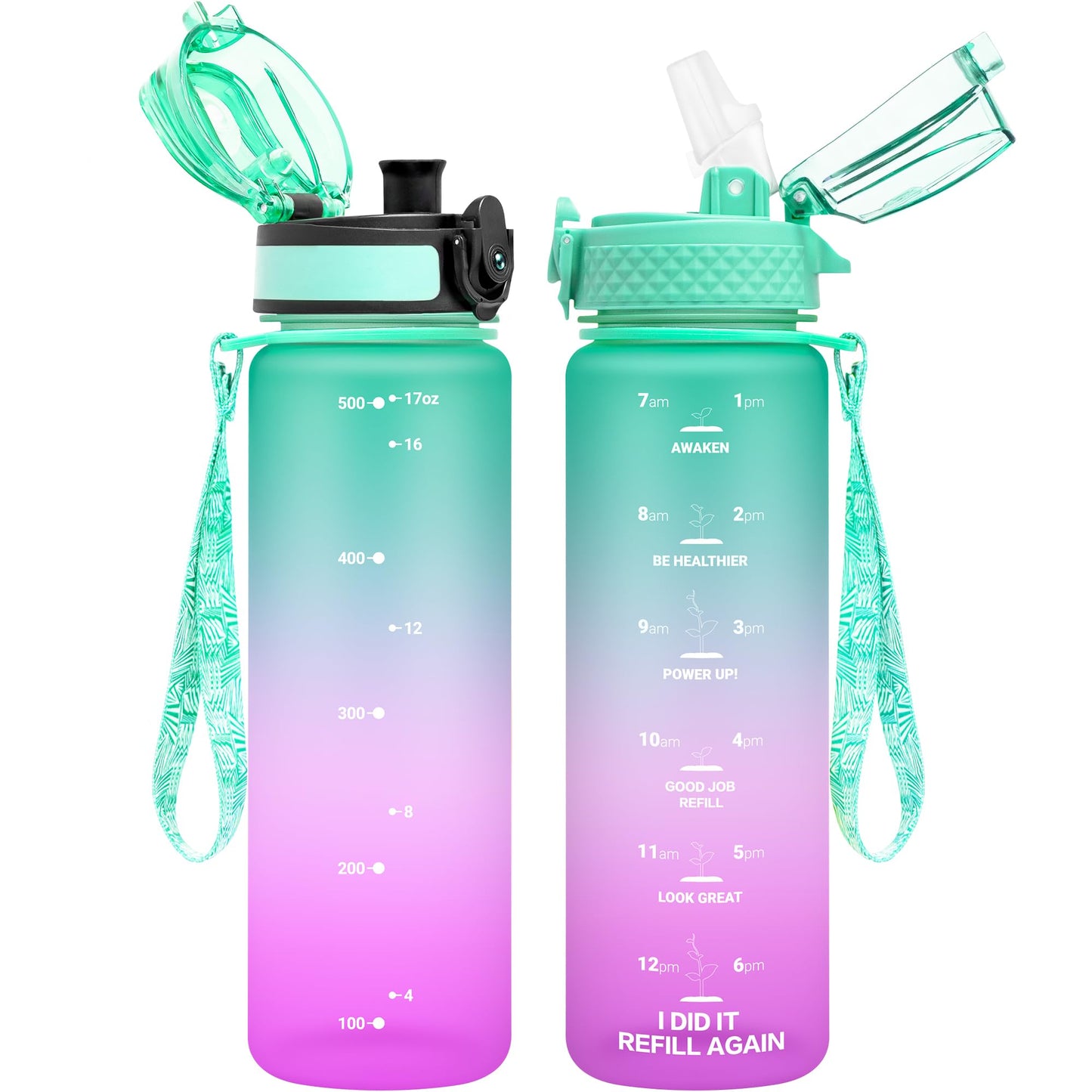 OLDLEY Kids Water Bottle for School, 12 oz (2 lids) BPA-Free Reusable Leak-proof Durable Tritan Plastic Bottles with Straw & Chug Lids, Anti-dust Spout Cover (Pink Blue)