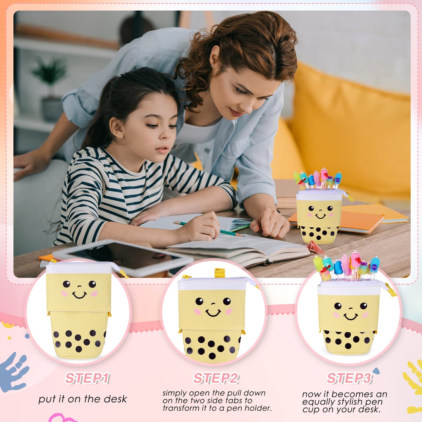 Sabary 228 Pcs Kawaii Stationary Set Include Telescopic Boba Pencil Pouch Case Bag Gel Ink Pen Sticky Note Bubble Tea Sticker Pill Highlighter Stationary Cute School Supplies for Christmas(Vivid)