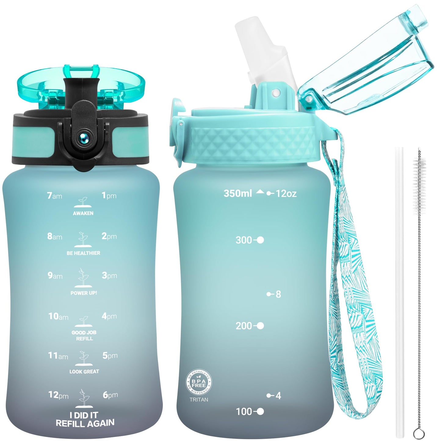 OLDLEY Kids Water Bottle for School, 12 oz (2 lids) BPA-Free Reusable Leak-proof Durable Tritan Plastic Bottles with Straw & Chug Lids, Anti-dust Spout Cover (Pink Blue)