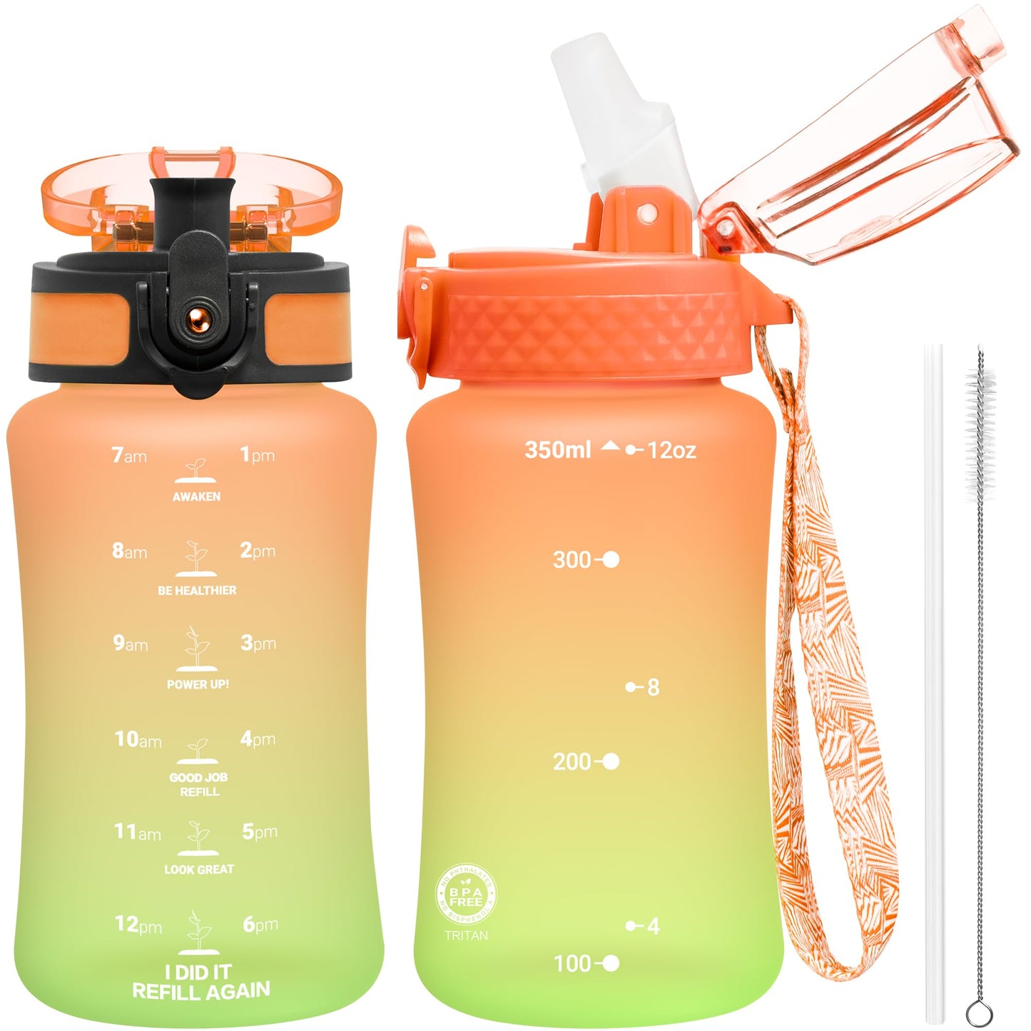 OLDLEY Kids Water Bottle for School, 12 oz (2 lids) BPA-Free Reusable Leak-proof Durable Tritan Plastic Bottles with Straw & Chug Lids, Anti-dust Spout Cover (Pink Blue)