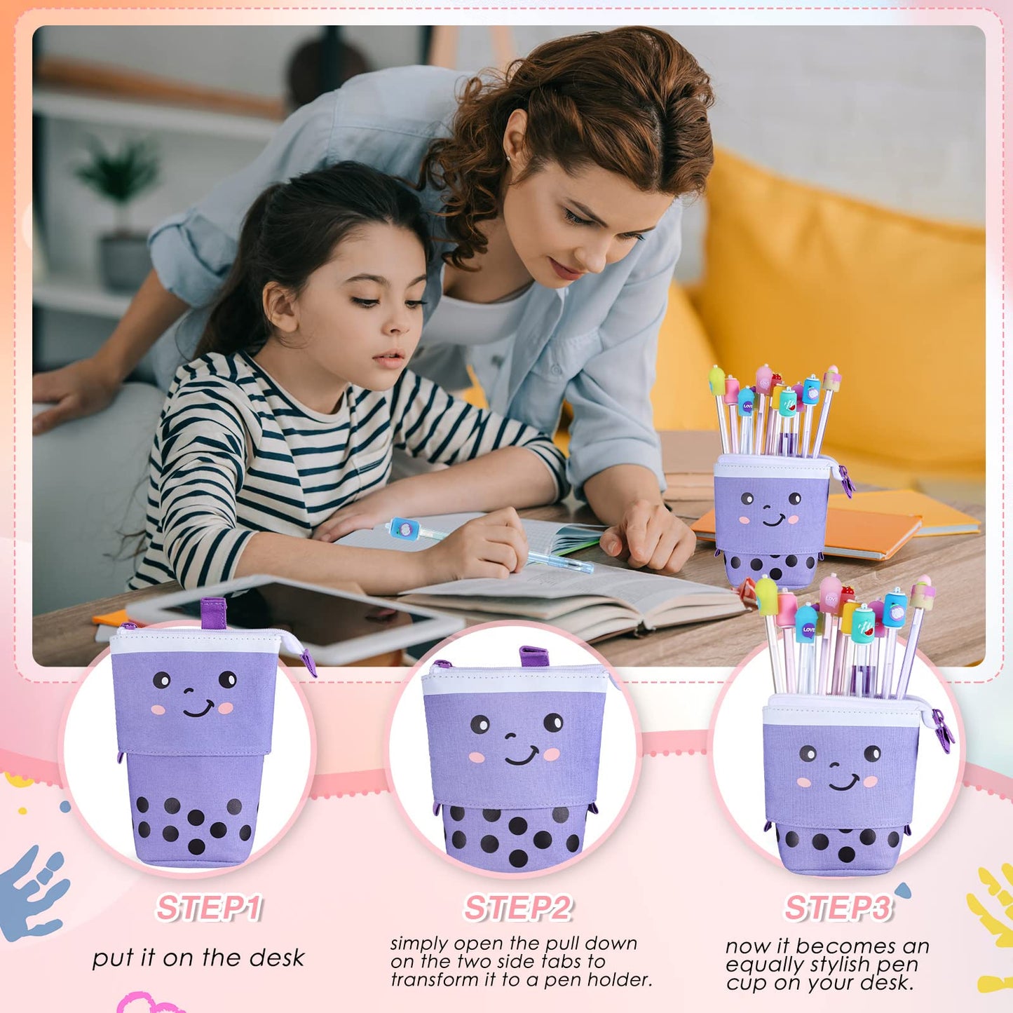 Sabary 228 Pcs Kawaii Stationary Set Include Telescopic Boba Pencil Pouch Case Bag Gel Ink Pen Sticky Note Bubble Tea Sticker Pill Highlighter Stationary Cute School Supplies for Christmas(Vivid)