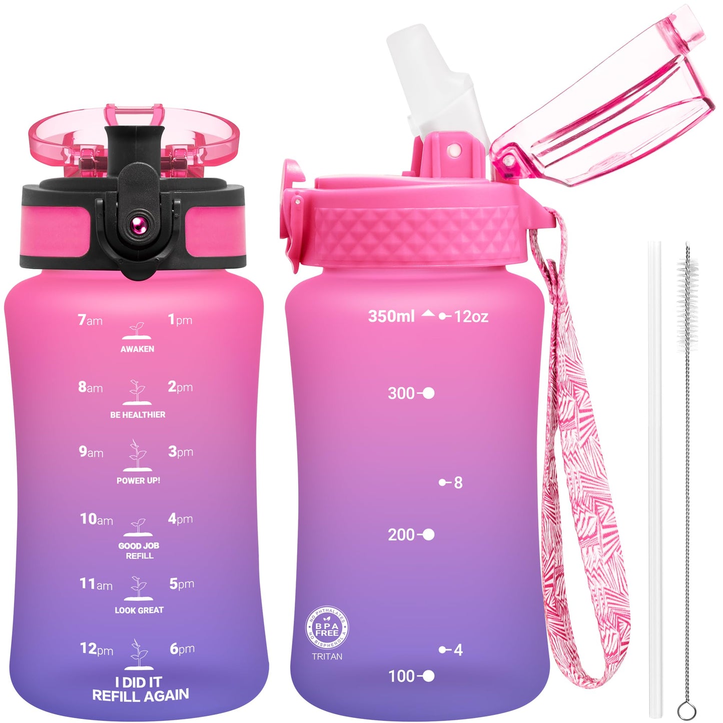 OLDLEY Kids Water Bottle for School, 12 oz (2 lids) BPA-Free Reusable Leak-proof Durable Tritan Plastic Bottles with Straw & Chug Lids, Anti-dust Spout Cover (Pink Blue)