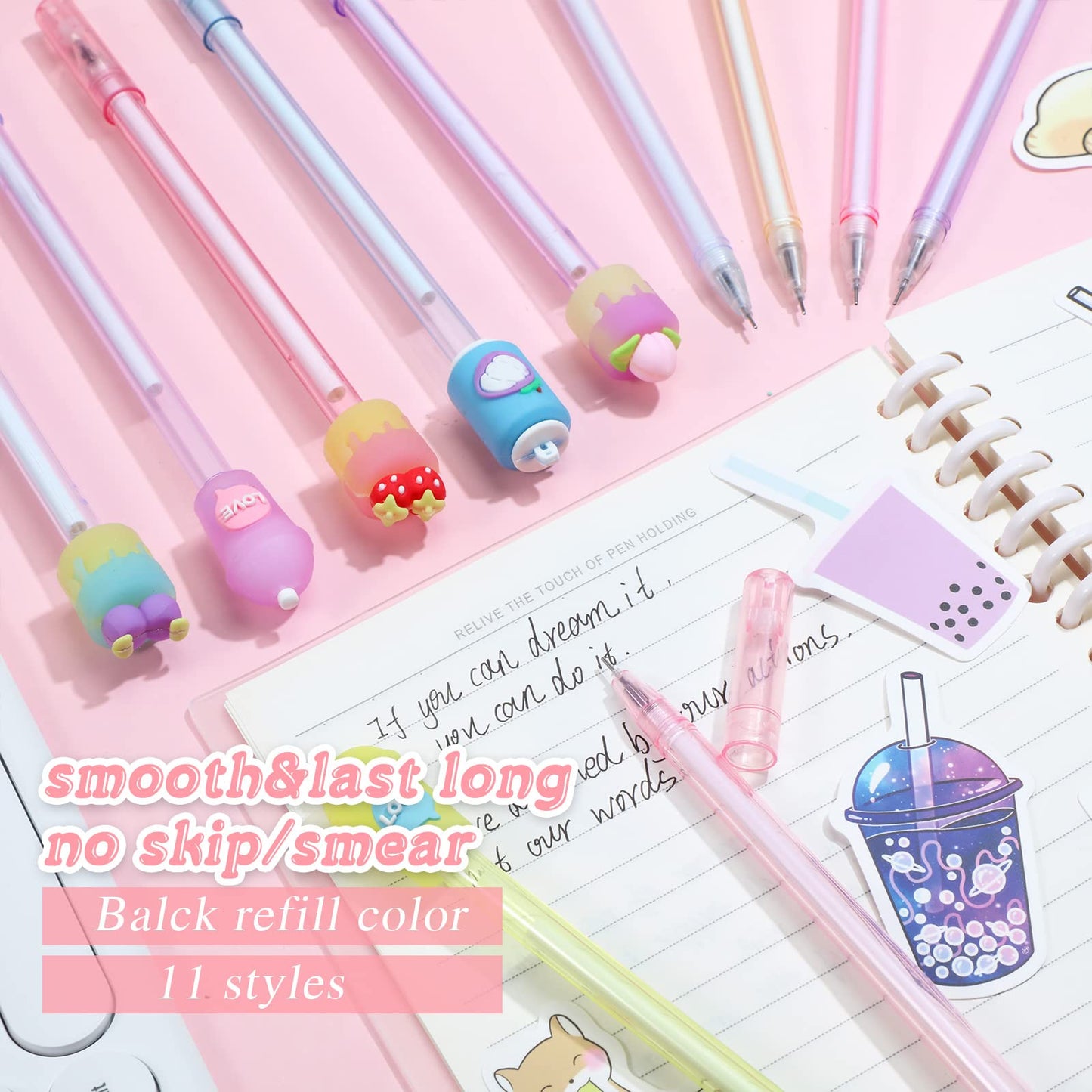 Sabary 228 Pcs Kawaii Stationary Set Include Telescopic Boba Pencil Pouch Case Bag Gel Ink Pen Sticky Note Bubble Tea Sticker Pill Highlighter Stationary Cute School Supplies for Christmas(Vivid)