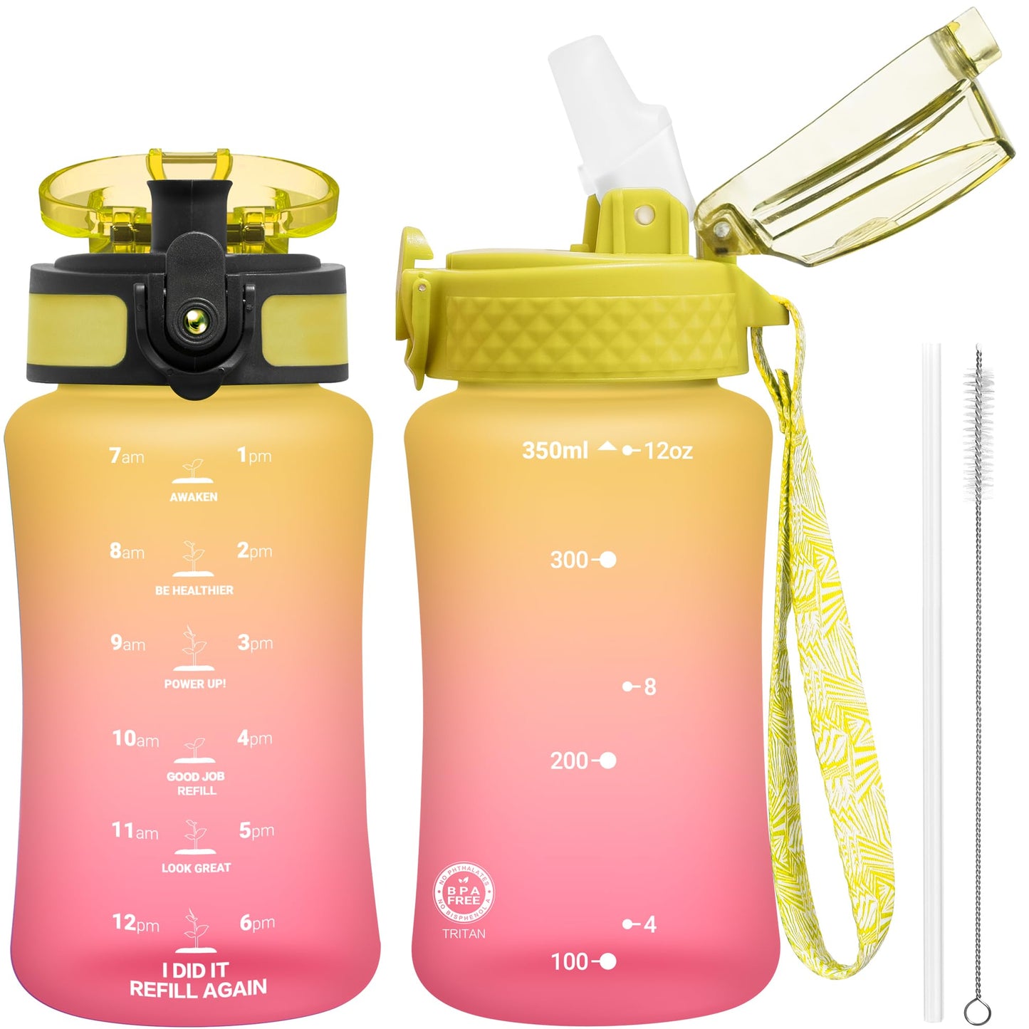 OLDLEY Kids Water Bottle for School, 12 oz (2 lids) BPA-Free Reusable Leak-proof Durable Tritan Plastic Bottles with Straw & Chug Lids, Anti-dust Spout Cover (Pink Blue)