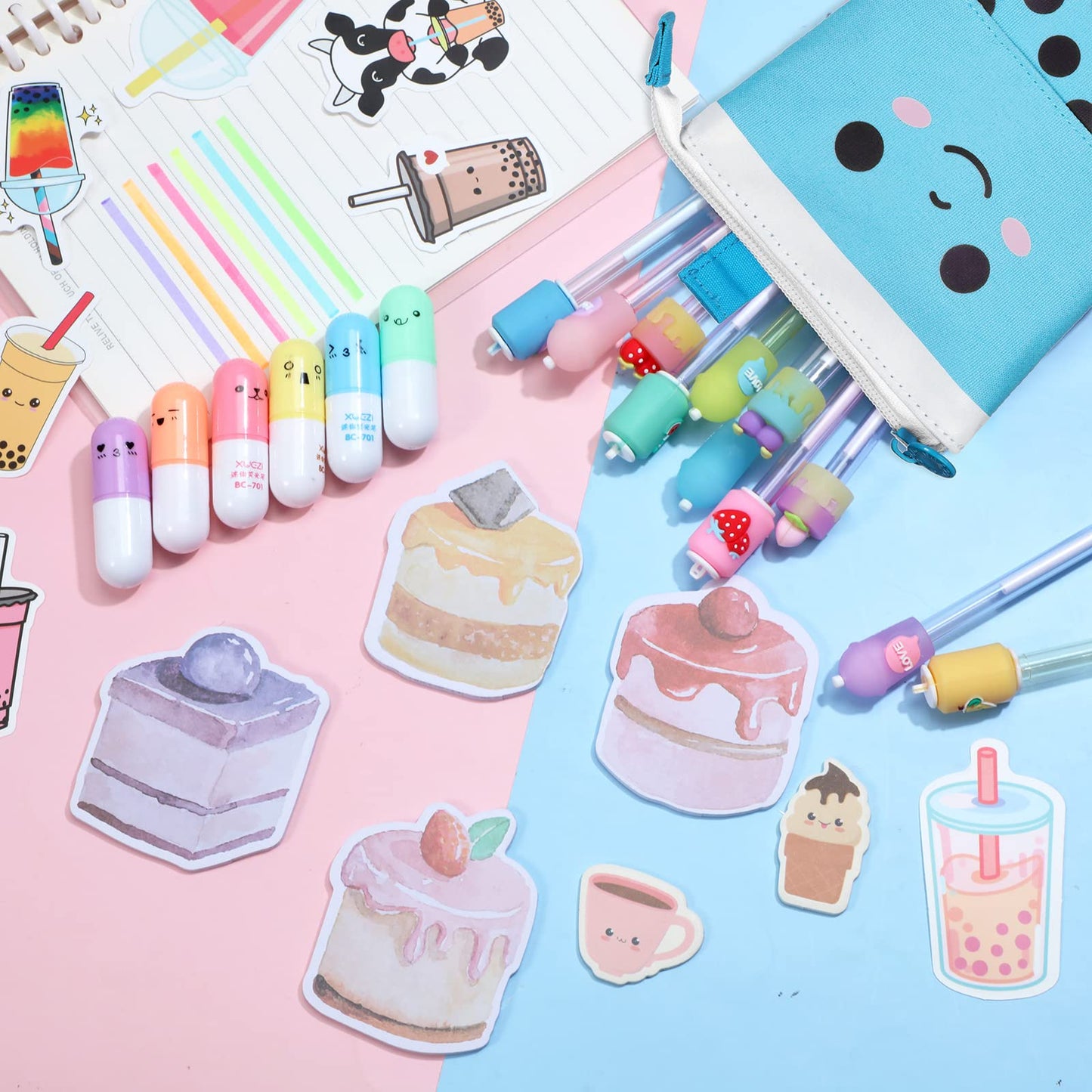 Sabary 228 Pcs Kawaii Stationary Set Include Telescopic Boba Pencil Pouch Case Bag Gel Ink Pen Sticky Note Bubble Tea Sticker Pill Highlighter Stationary Cute School Supplies for Christmas(Vivid)