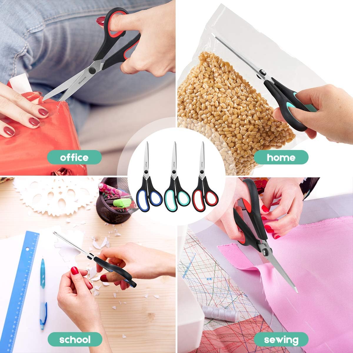 Scissors, iBayam 8" All Purpose Scissors Bulk 3-Pack, Ultra Sharp 2.5mm Thick Blade Shears Comfort-Grip Scissors for Office Desk Accessories Sewing Fabric Home Craft School Supplies, Right/Left Handed